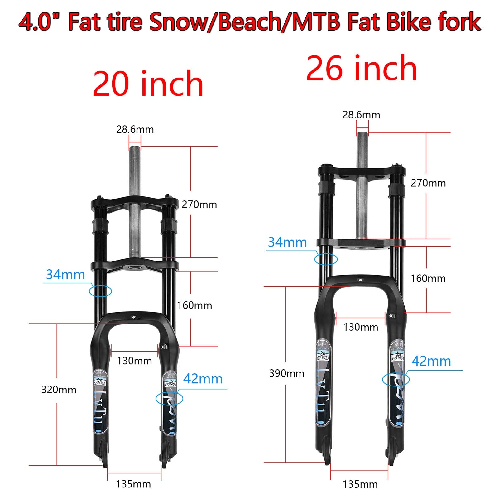 20/26 Inch Fat Bike Fork - 4.0 Inch Wide Tire Suspension Fork with 160mm Travel for Snow, Beach & Downhill Riding - Compatible with Mountain Bikes, BMX & E-Bikes (20 Inch Size) - Perfect for Winter Trails, Sandy Shores & Off-Road Adventures