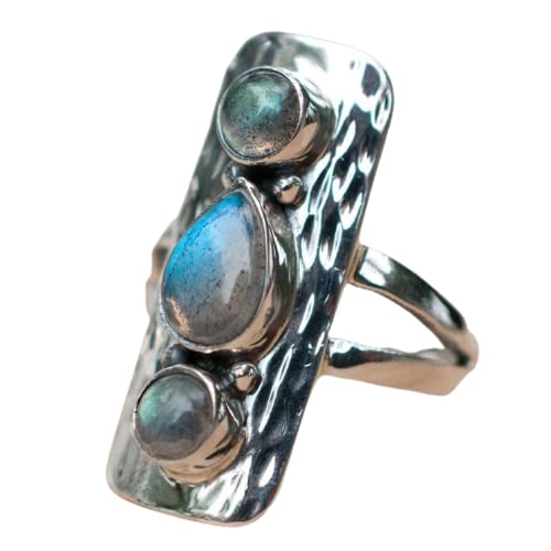 Labradorite Hammered Ring - 925 Sterling Silver Three Stone Ring for Women | Healing Gemstone & Metaphysical Jewelry | Statement Ring for Weddings, Mother's Day & Special Occasions