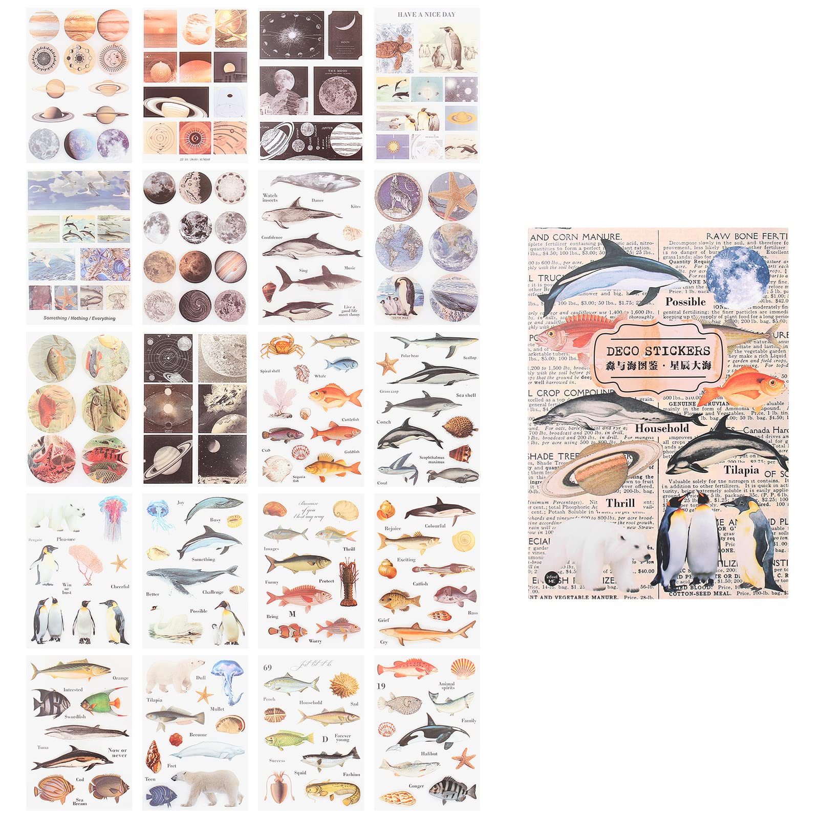 Ocean & Celestial Stickers Pack - 20 Sheets (150pcs) Marine Life & Galaxy Stickers for Journaling, Scrapbooking, Card Making - Clear Vintage Aesthetic DIY Craft Stickers for Bullet Journals, Planners & Gift Wrapping