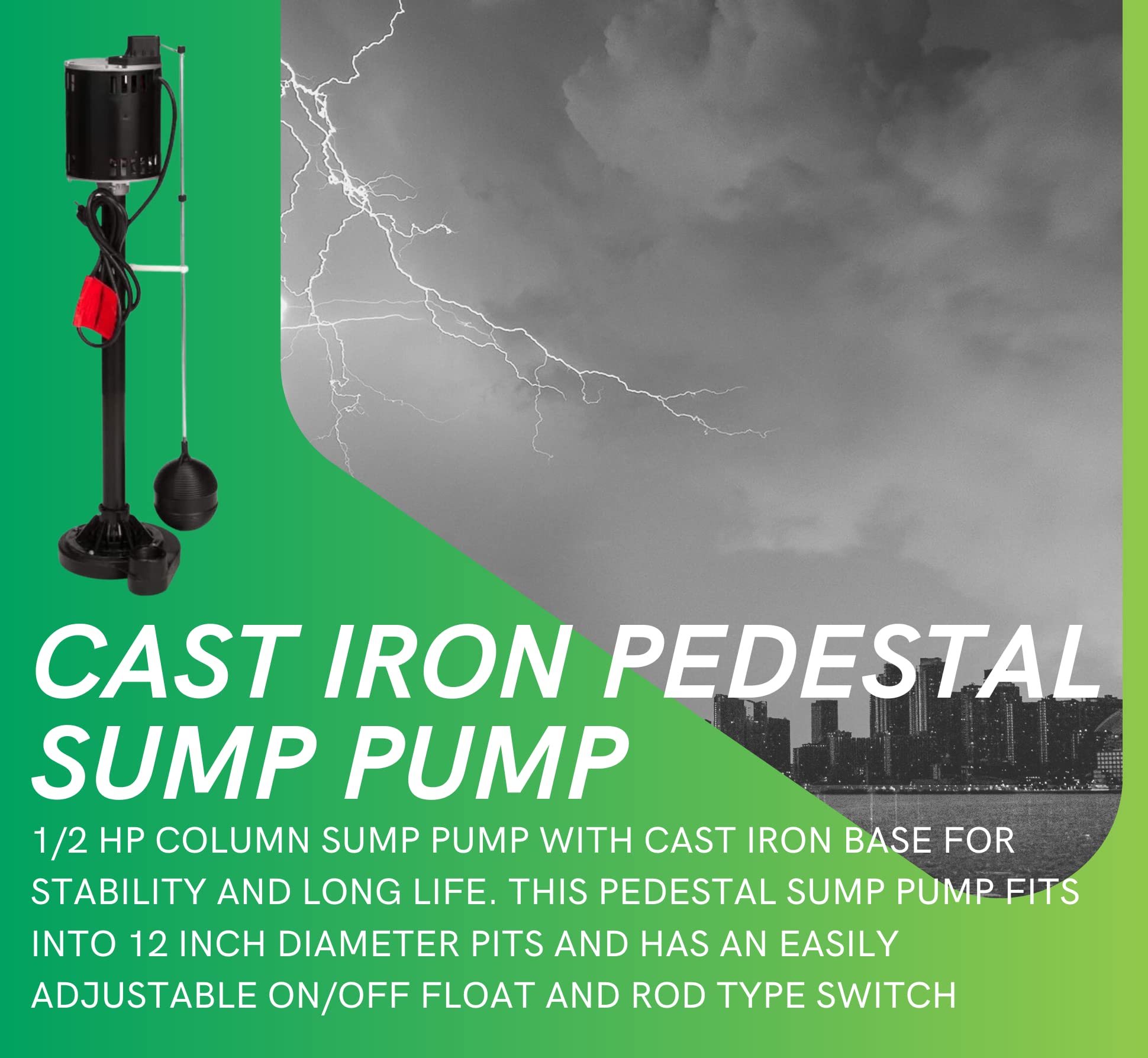 1/2 HP Cast Iron Pedestal Sump Pump with Adjustable Float Switch - 65 GPM, Low Profile Design for Basement & Crawl Space Water Removal - Heavy Duty Column Pump for Home Flood Prevention (7.3 Amps)