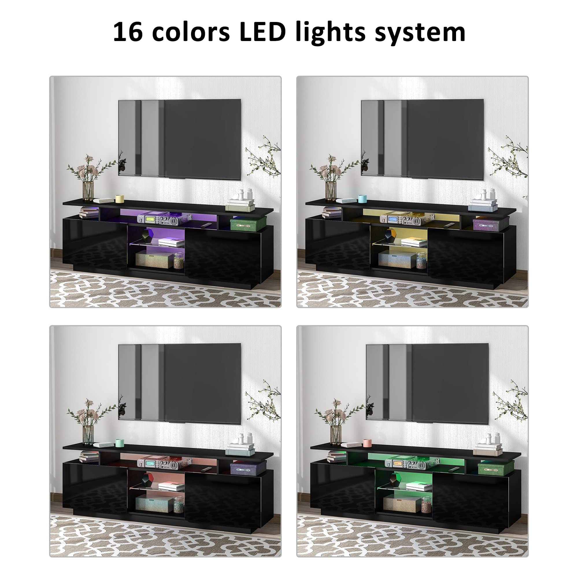 62.9 Inch Modern TV Stand with LED Lights for 65 Inch TVs - 3 Tier High Gloss Media Console with 2 Storage Cabinets & Tempered Glass Shelves - Entertainment Center for Living Room, Bedroom & Home Theater (Black)