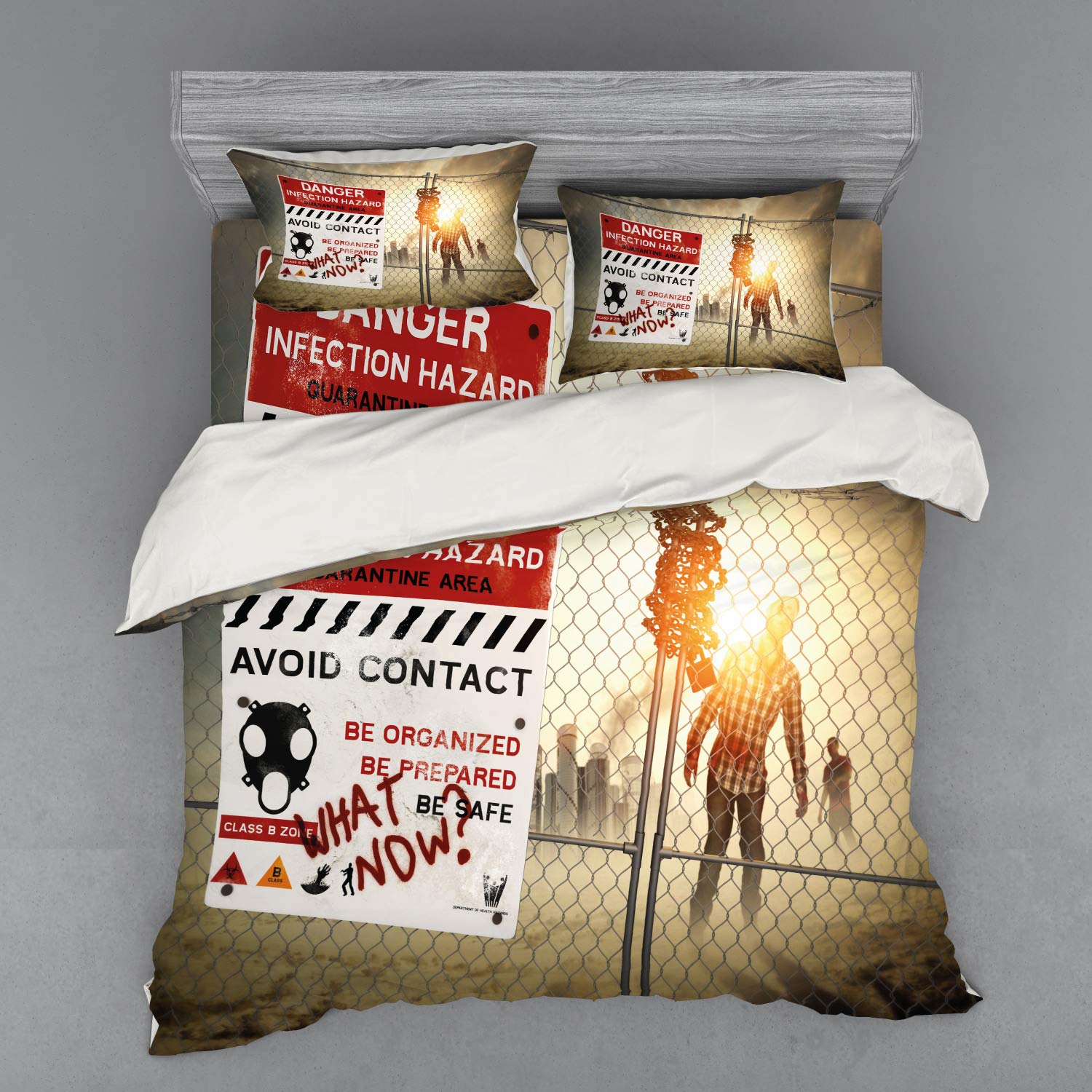 Ambesonne Zombie Duvet Cover Set - King Size 4-Piece Bedding with Shams & Fitted Sheet, Horror Fiction Halloween Design Featuring Dark Danger Scary Scene - Perfect for Halloween Decor, Themed Bedrooms & Horror Movie Nights