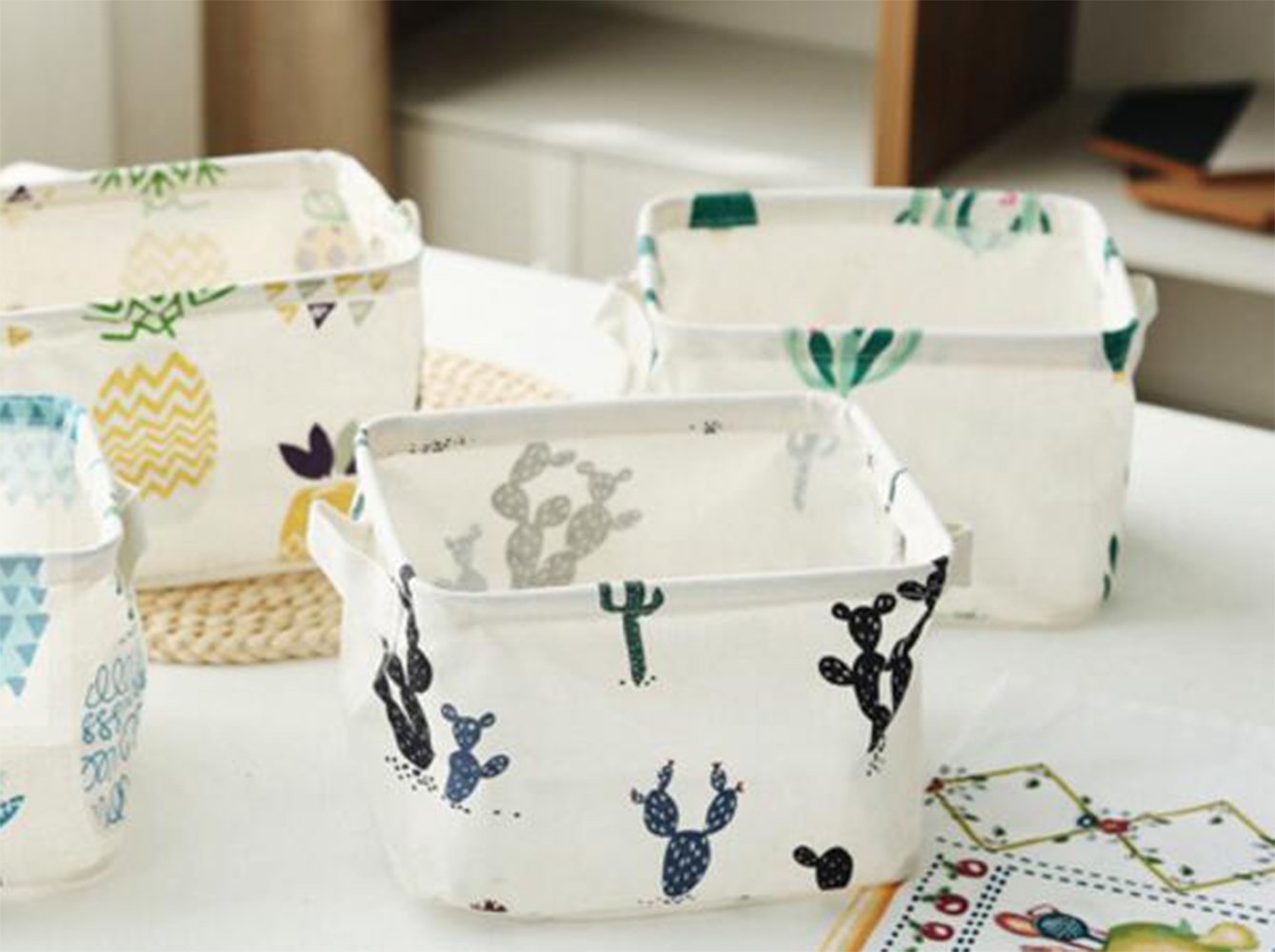 Foldable Cactus Storage Bins - Set of 4 Cream Organizer Baskets for Nursery, Kids Toys, Makeup & Small Items | Desktop, Bathroom & Closet Organization | Space-Saving Home Decor