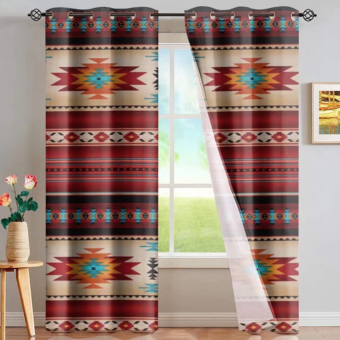 Southwest Style Geometric Print Curtain Panels - Ethnic Farmhouse Window Drapes for Kitchen, Living Room & Patio - Light Filtering Valance for Cozy Home Decor