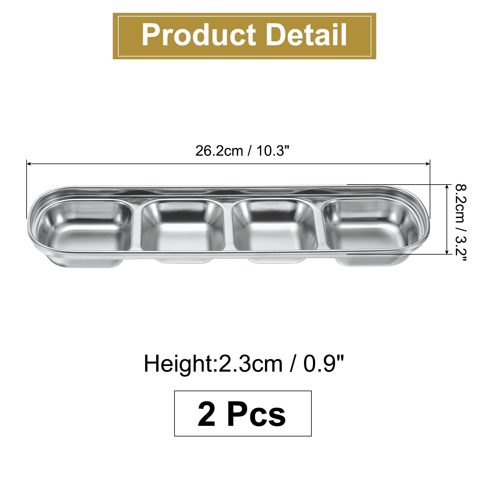 uxcell 2-Pack Stainless Steel Divided Dipping Bowls with 4 Compartments - Metal Condiment Tray for Seasoning, Sauces & Dips - Perfect for Home, Party, Restaurant, Picnic & Travel (Silver)