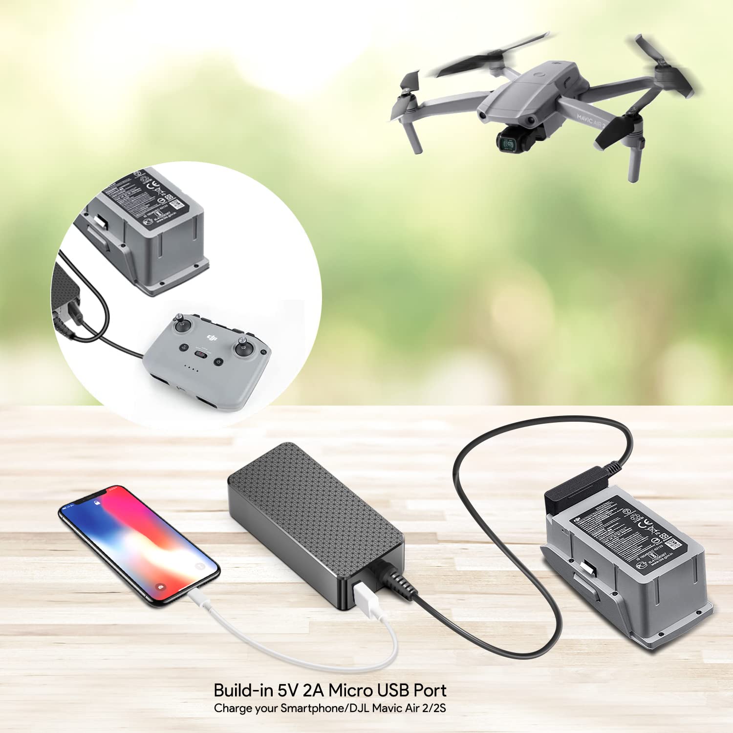DJI Mavic Air 2S & Air 2 Battery Charger - 13.2V 2.82A AC Adapter with 5V USB Port - Replacement Power Supply for DJI Drones - Perfect for Travel, Outdoor Photography & Aerial Filming