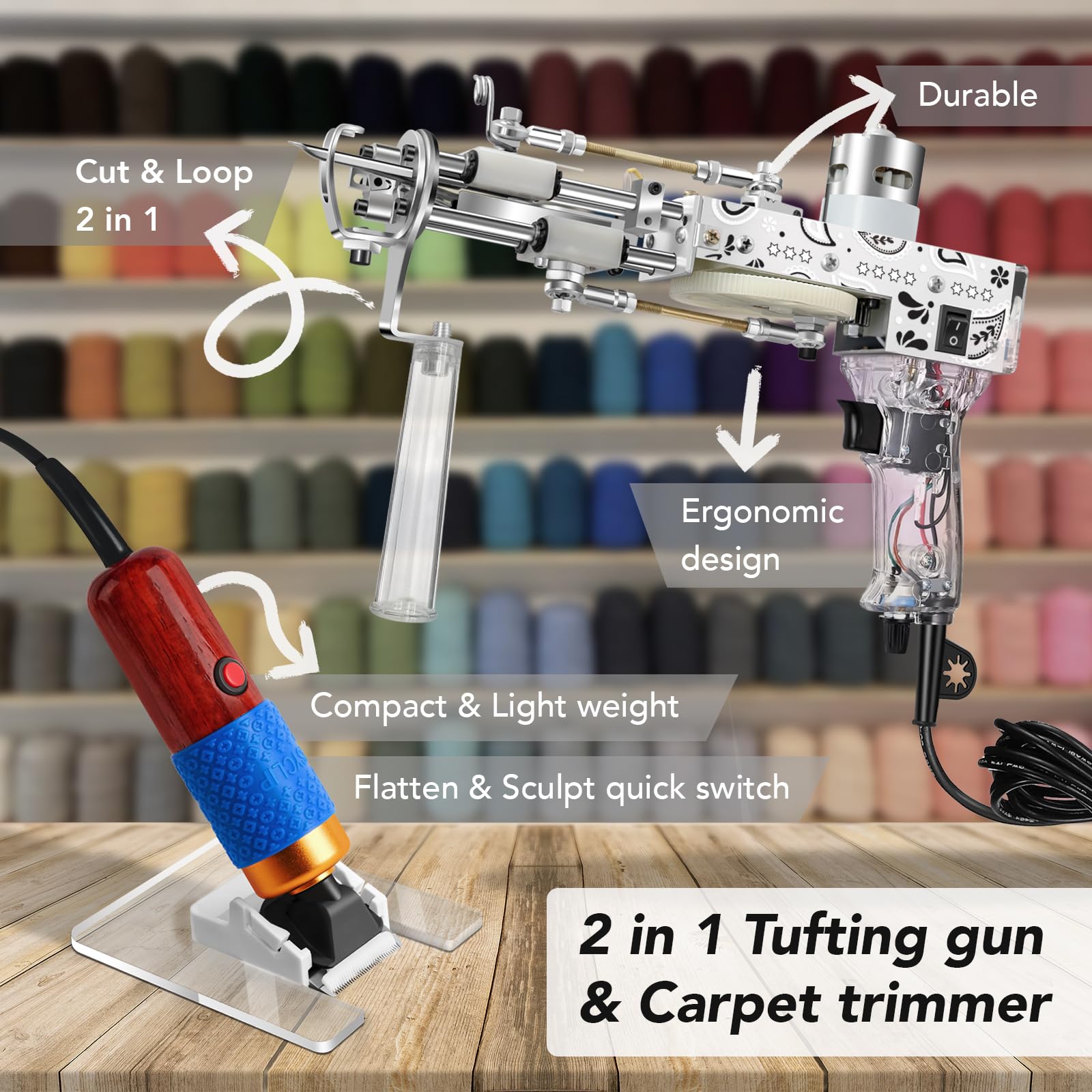 Justuft 2-in-1 Rug Tufting Gun & Carpet Trimmer Kit - Professional Carpet Making Machine with Rug Shaver & Punch Needle Supplies (Transparent Cloth Included) - Perfect for DIY Home Decor, Craft Projects & Handmade Rugs