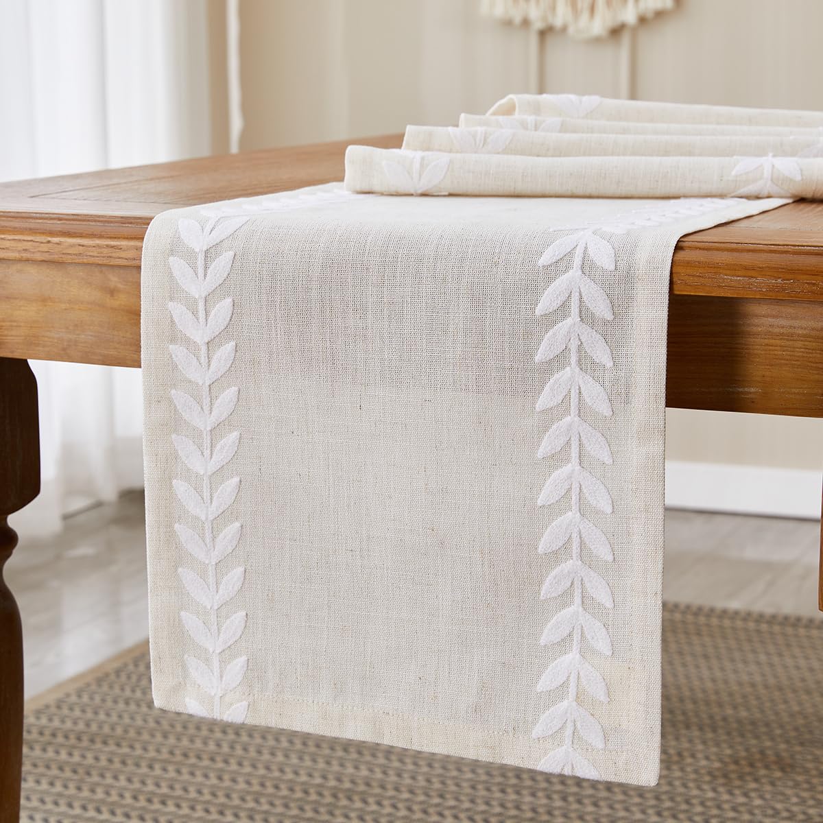 Wracra Embroidered Table Runner - 14 x 72 Inch Irregular Willow Leaf Design, White Linen Dining Table Decor for Home, Wedding & Holiday Parties - Perfect for Dressers, Buffets & Formal Dining Tables