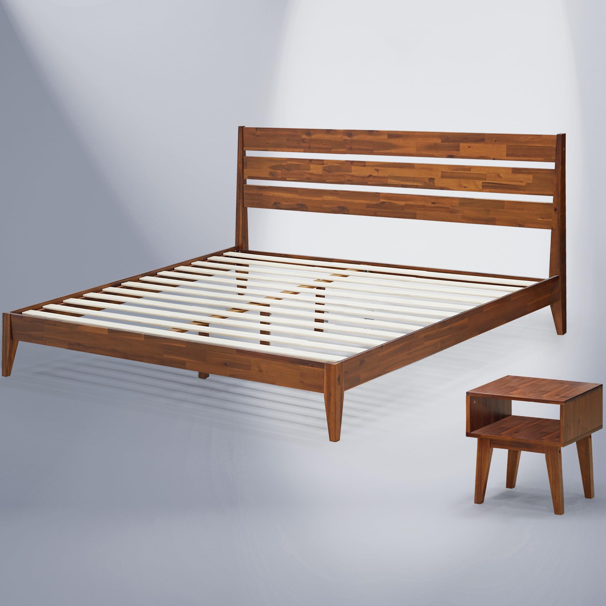 Solid Wood Acacia King Size Bed Frame with High Headboard & Nightstand - 2-Piece Bedroom Set, No Squeak Construction, Easy Assembly in One Box (Walnut Finish) - Perfect for Master Bedrooms, Guest Rooms & Small Spaces
