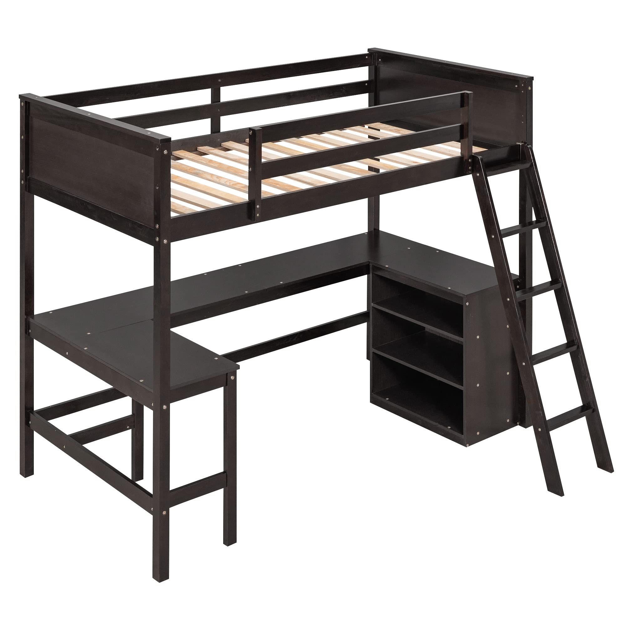 Twin Loft Bed with Desk and Shelves - Sturdy Wood Loft Bed Frame with Storage Drawers - Space Saving Kids, Teens & Adults Bedroom Furniture - Espresso Finish - Perfect for Small Rooms, Dorms & Apartments