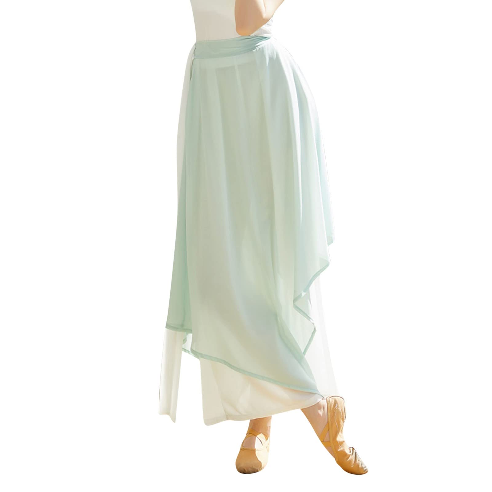 YOLAI Women's Loose Flowing Chiffon Wide Leg Pants - Classical Dance Trousers with Color Blocking Design (Mint Green, Size L) | Lightweight & Comfortable for Dance Practice, Yoga, and Casual Wear