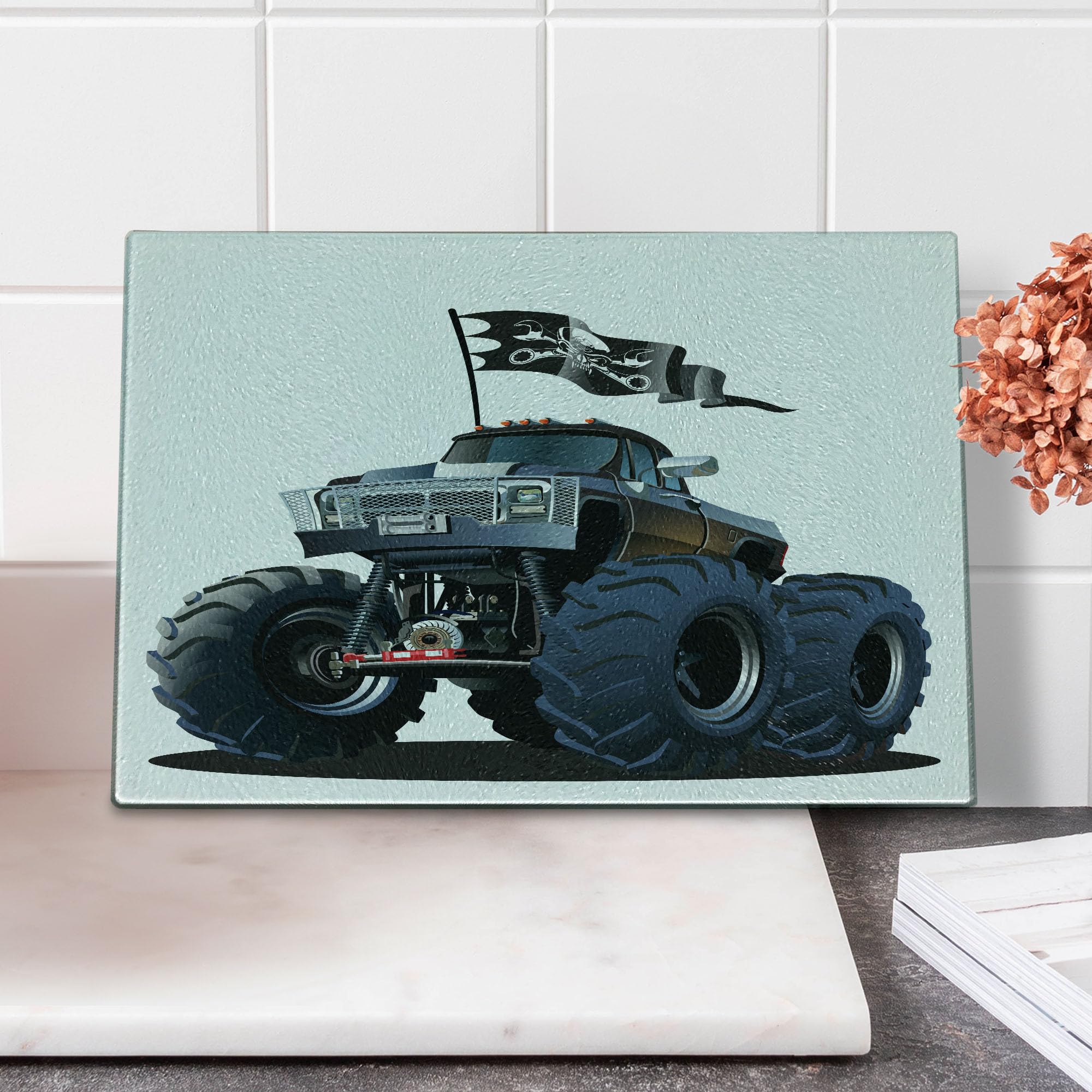 Ambesonne Cars Themed Cutting Board - Large Tempered Glass Serving Board with Monster Truck, Skull & Pirate Flag Design - Cadet Blue & White - Perfect for Kitchen Decor, Party Serving & Unique Gifts