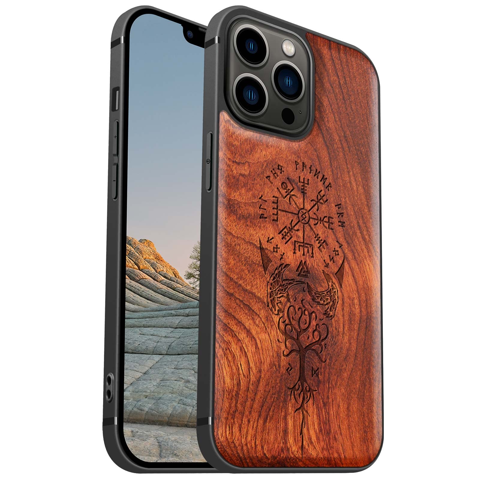 Carveit Magnetic Wood Case for iPhone 13 Pro Max - Natural Rosewood & Black TPU Shockproof Cover with MagSafe Compatibility | Viking Compass Vegvisir Design | Perfect for Outdoor Adventures & Daily Protection
