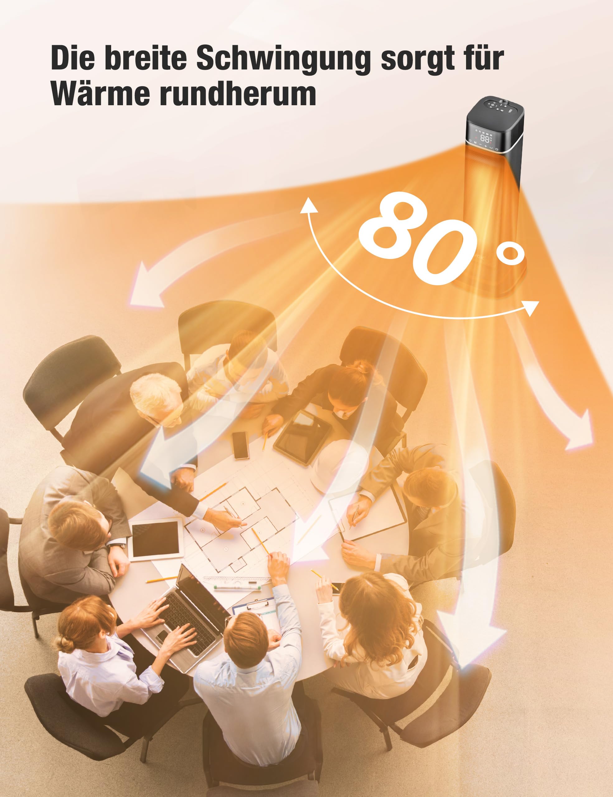 Energy Efficient 60cm Ceramic Fan Heater with Remote Control - 12 ft/s Fast Heating, 80° Oscillation, 4 Modes & 12-Hour Timer - Quiet Space Heater with Night Light, Overheat & Tilt Protection - Perfect for Bedrooms, Offices & Small Spaces