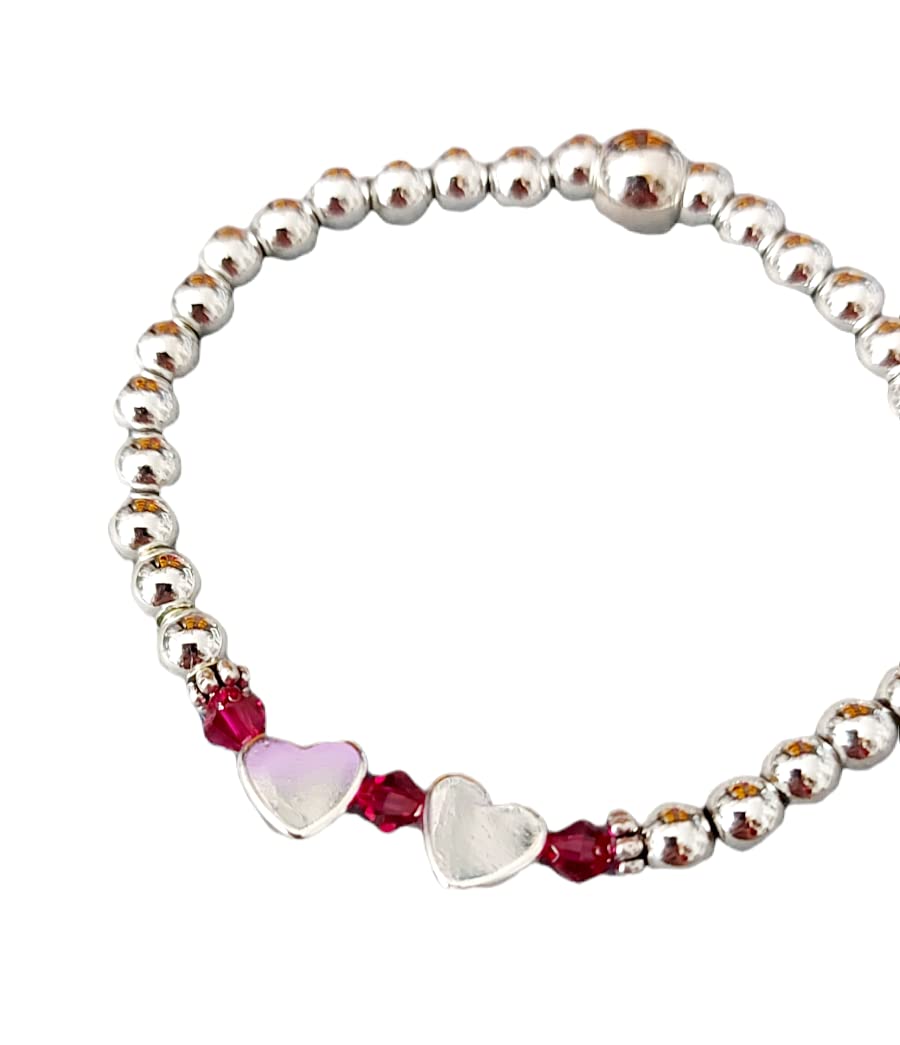 Handmade Silver Stretch Bracelet with Crystals & Hearts for Women's Fashion Jewelry