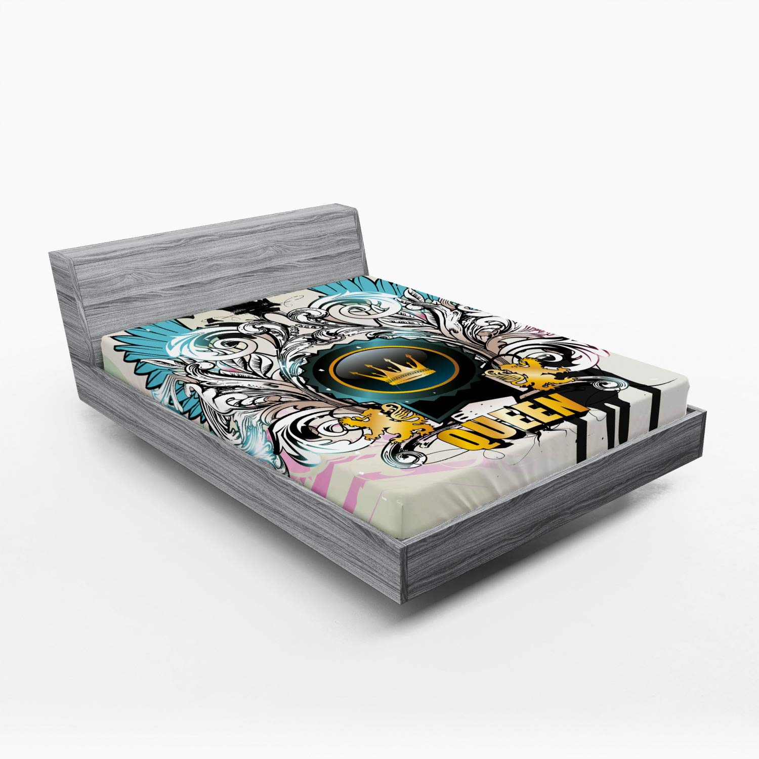 Ambesonne Queen Fitted Sheet - Medieval Shield with Crown Wings & Victorian Floral Design | Deep Pocket Elastic Bed Cover for Queen Size Beds | Luxury Comfort for Bedroom, Guest Room & Dorm Decor | Multicolor