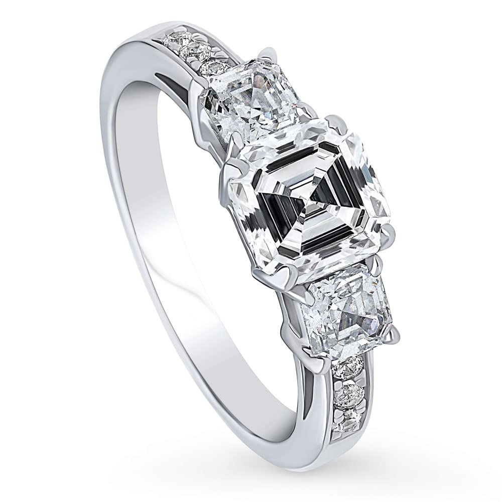 BERRICLE Sterling Silver 3-Stone Wedding Engagement Ring 1.6 Carat Asscher Cut Cubic Zirconia CZ Promise Ring for Women, Rhodium Plated Size 4-10 - Perfect for Proposals, Anniversaries & Special Occasions