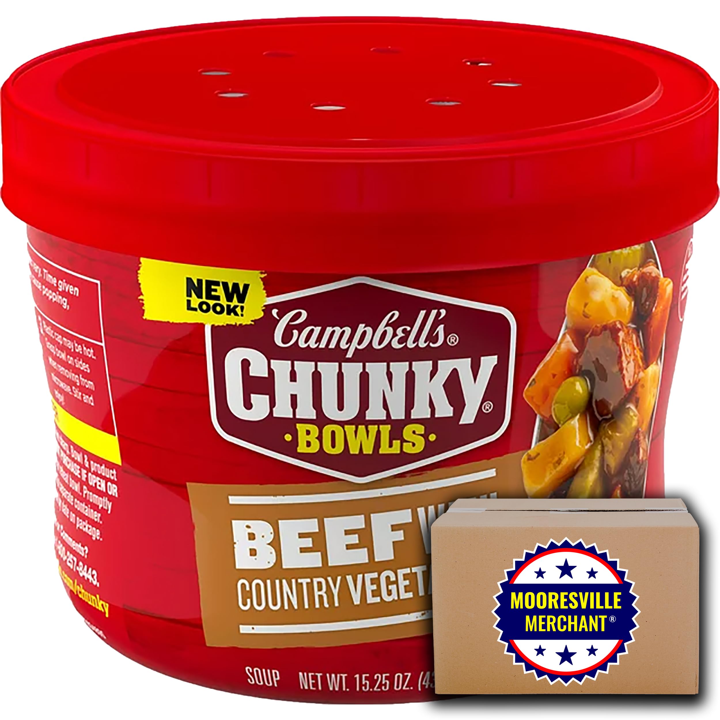 Campbell’s Chunky Soup Beef with Country Vegetables - 15.25 fl oz (3 Pack) | Microwavable Bowls | Hearty Comfort Food for Lunch, Dinner & Camping | Includes Mooresville Merchant Decal
