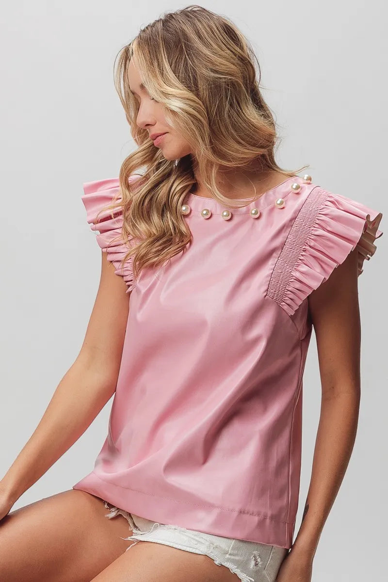 BiBi Leather Smocked Ruffled Top - Women's Fashion Blouse for Casual & Party Wear | Perfect for Date Nights, Office Outfits & Special Occasions