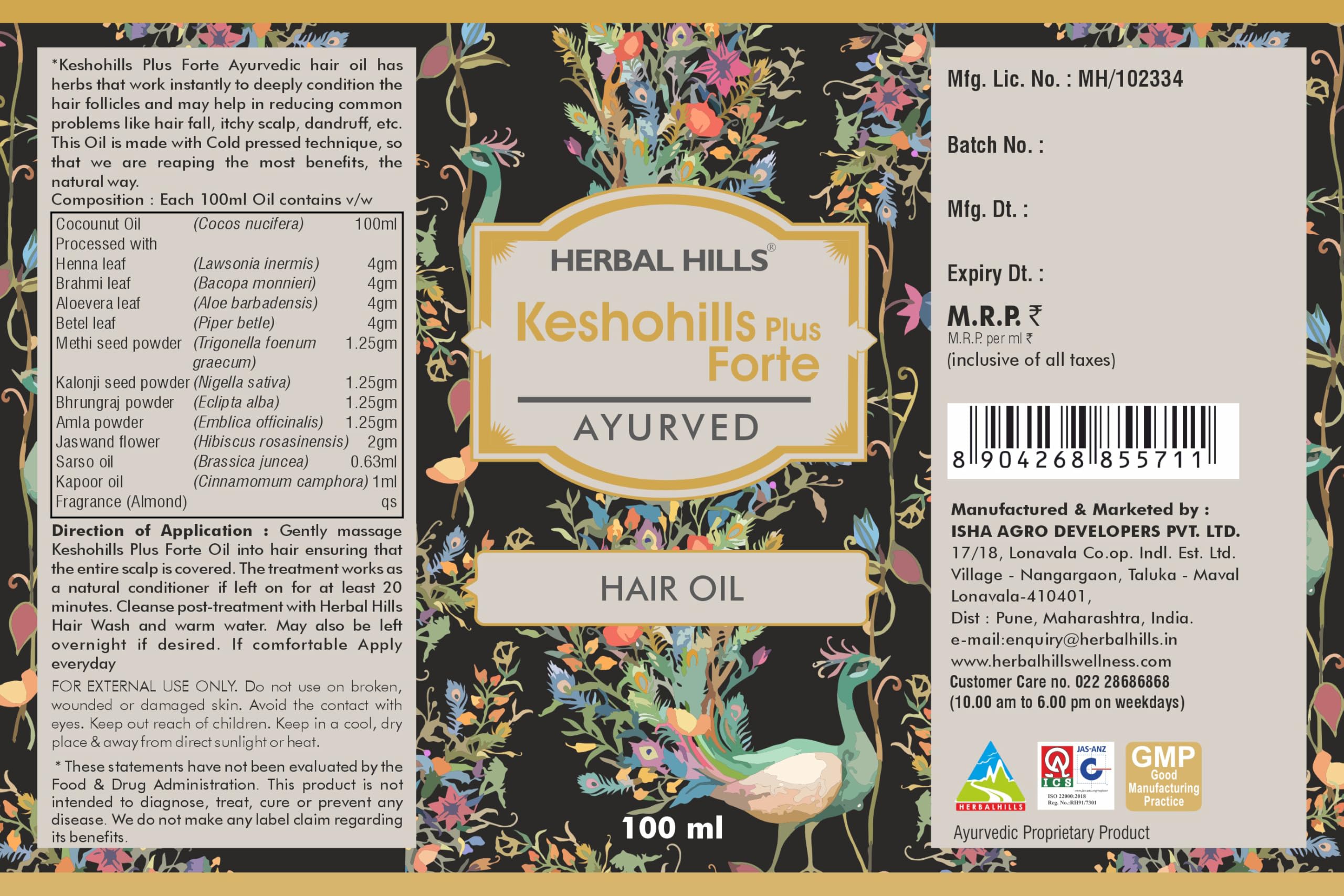 Herbal Hills Keshohills Plus Forte Ayurvedic Hair Oil 100ml - Natural Hair Growth Treatment for Thicker, Stronger Hair - Perfect for Daily Scalp Massage & Damaged Hair Repair