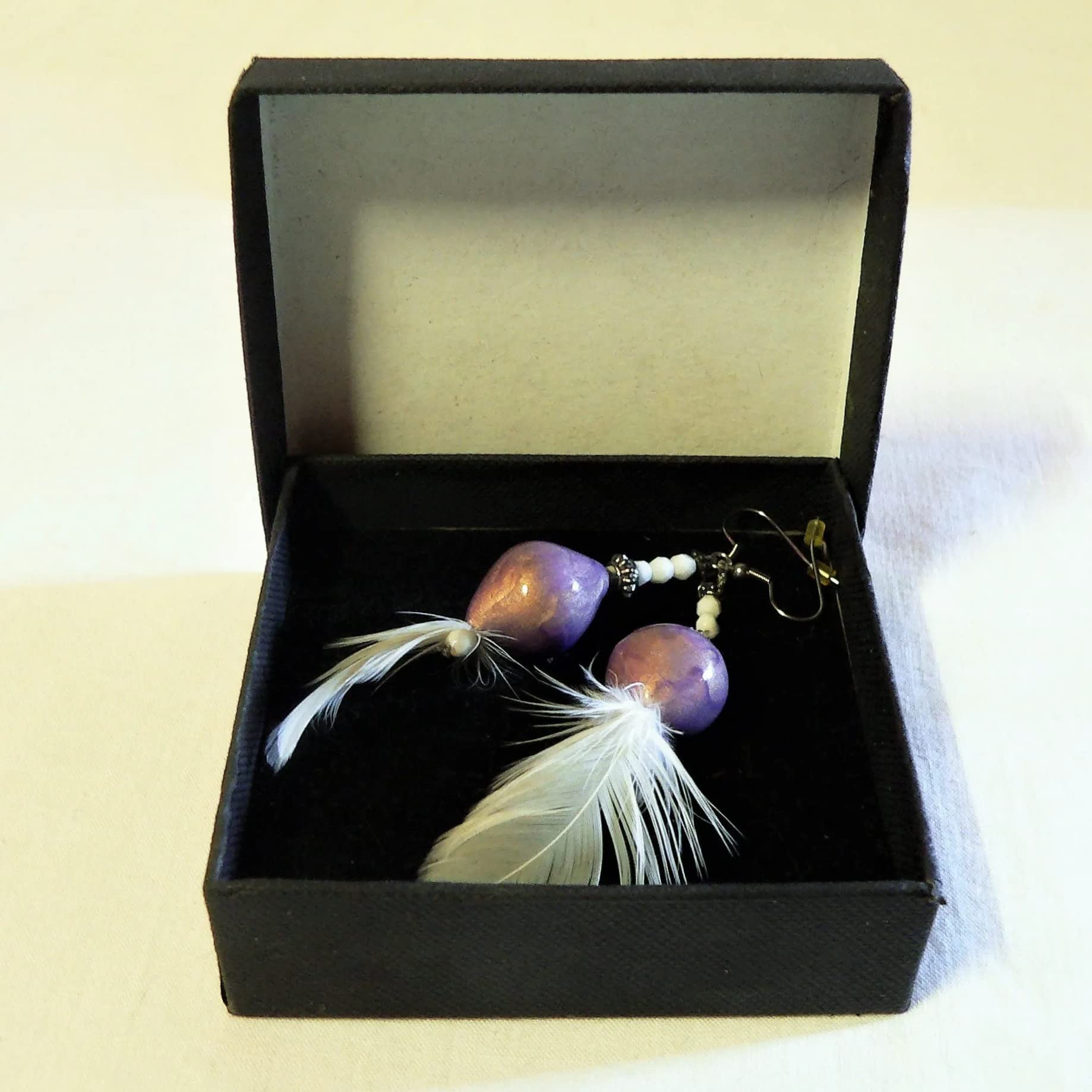 Elegant Ceramic & Feather Earrings for Women - White & Purple Dangle Earrings | Boho Chic Jewelry for Parties, Weddings & Everyday Wear