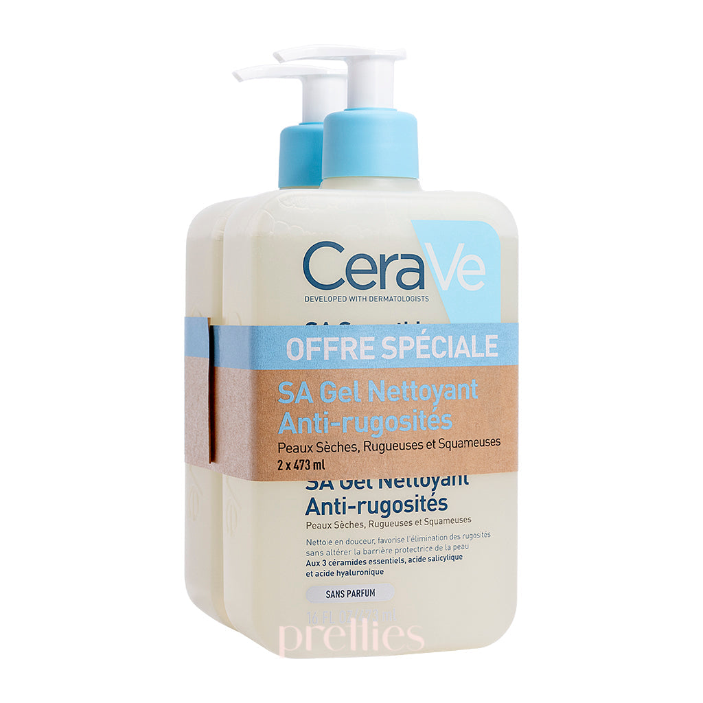 CeraVe SA Smoothing Cleanser Duo Set - 2 Pack (16oz x2) with Salicylic Acid & Hyaluronic Acid - Gentle Exfoliating Face Wash for Dry, Rough & Bumpy Skin - Daily Skincare Routine for Clear & Smooth Complexion