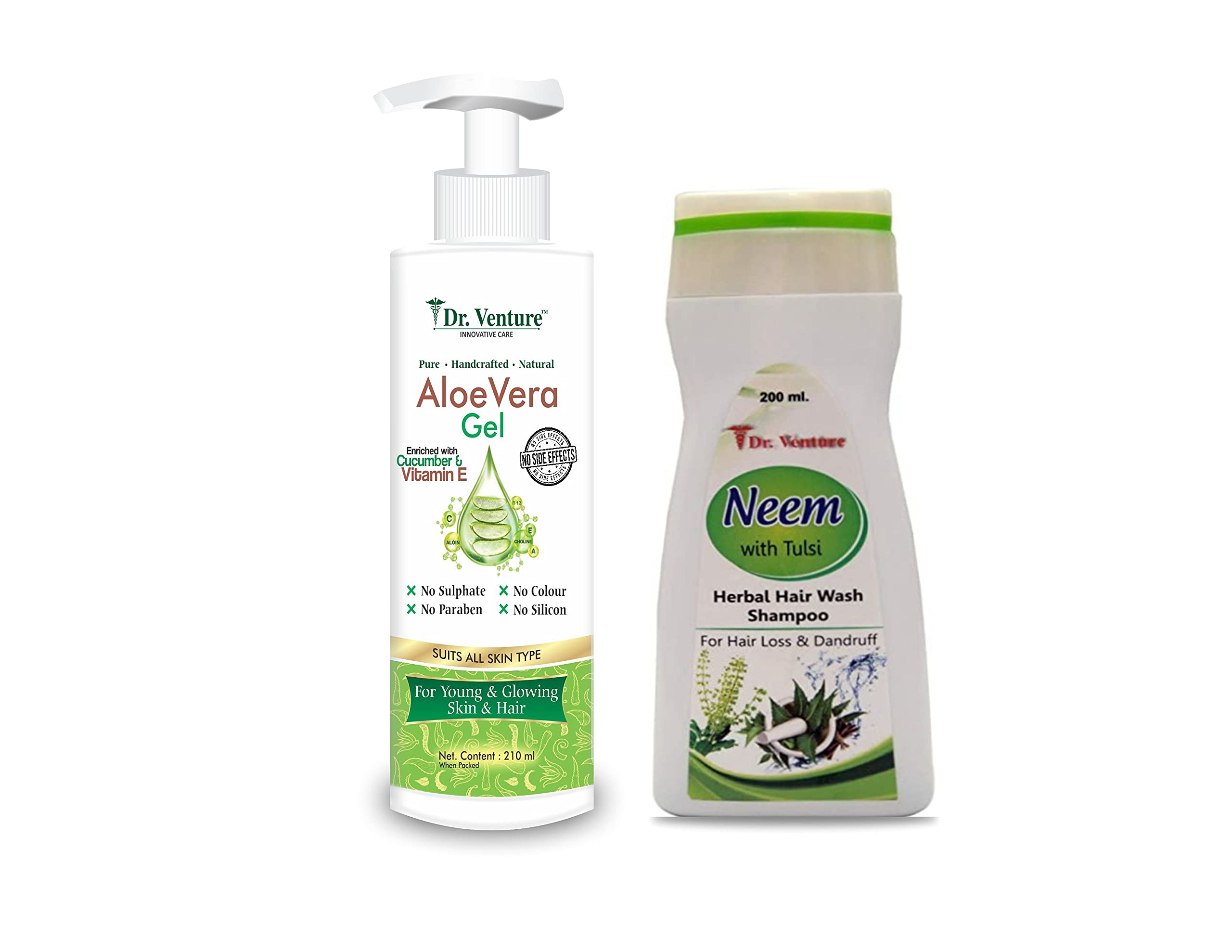 Dr Venture Aloe Vera Gel for Skin & Hair Care - 210ml + Neem, Tulsi & Amla Herbal Shampoo for Hair Loss & Dandruff Control - 200ml | Natural Moisturizer & Scalp Treatment for Daily Hair & Skin Care Routine