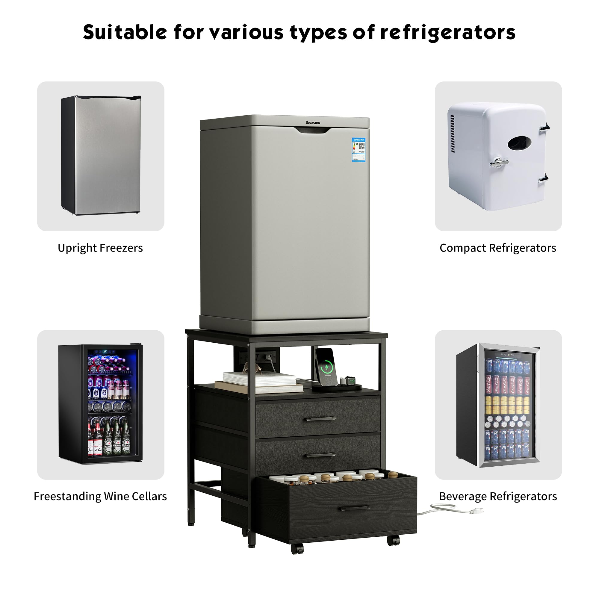 **4-Tier Mini Fridge Stand with Storage & Power Outlet - Heavy-Duty Rolling Cabinet Organizer for Home, Office, Dorm, or Kitchen - Ergonomic Refrigerator Table (Black, HB02BXB) - Perfect for Small Spaces & Beverage Storage**