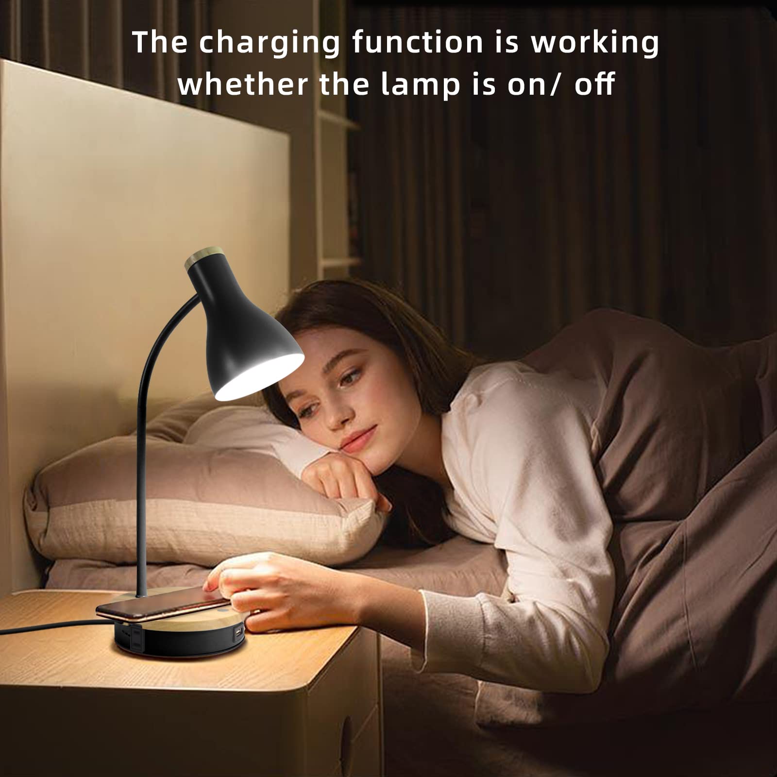Wireless Charging Metal Desk Lamp - 3-Way Dimmable Touch Control LED Reading Light with USB Ports for Bedroom, Study Room & Office | Perfect for Night Reading, Working & Phone Charging (Black)
