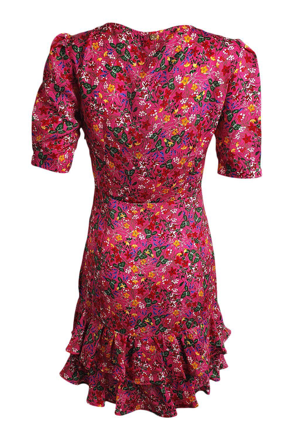 LIU JO Women's Pink Floral Print 3/4 Sleeve Flounce Mini Dress - Size IT 38 | UK 06 | XXS - Perfect for Spring Weddings, Garden Parties & Date Nights