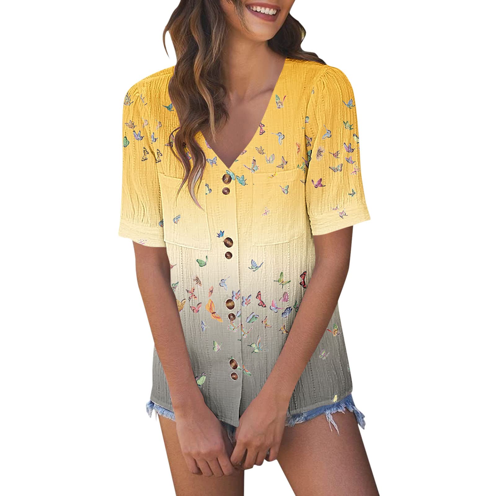 Women's Puff Short Sleeve Color Block Button Down V-Neck Blouse - Loose Fit Casual T-Shirt with Pockets | Perfect for Summer Outfits, Office Wear & Weekend Brunch