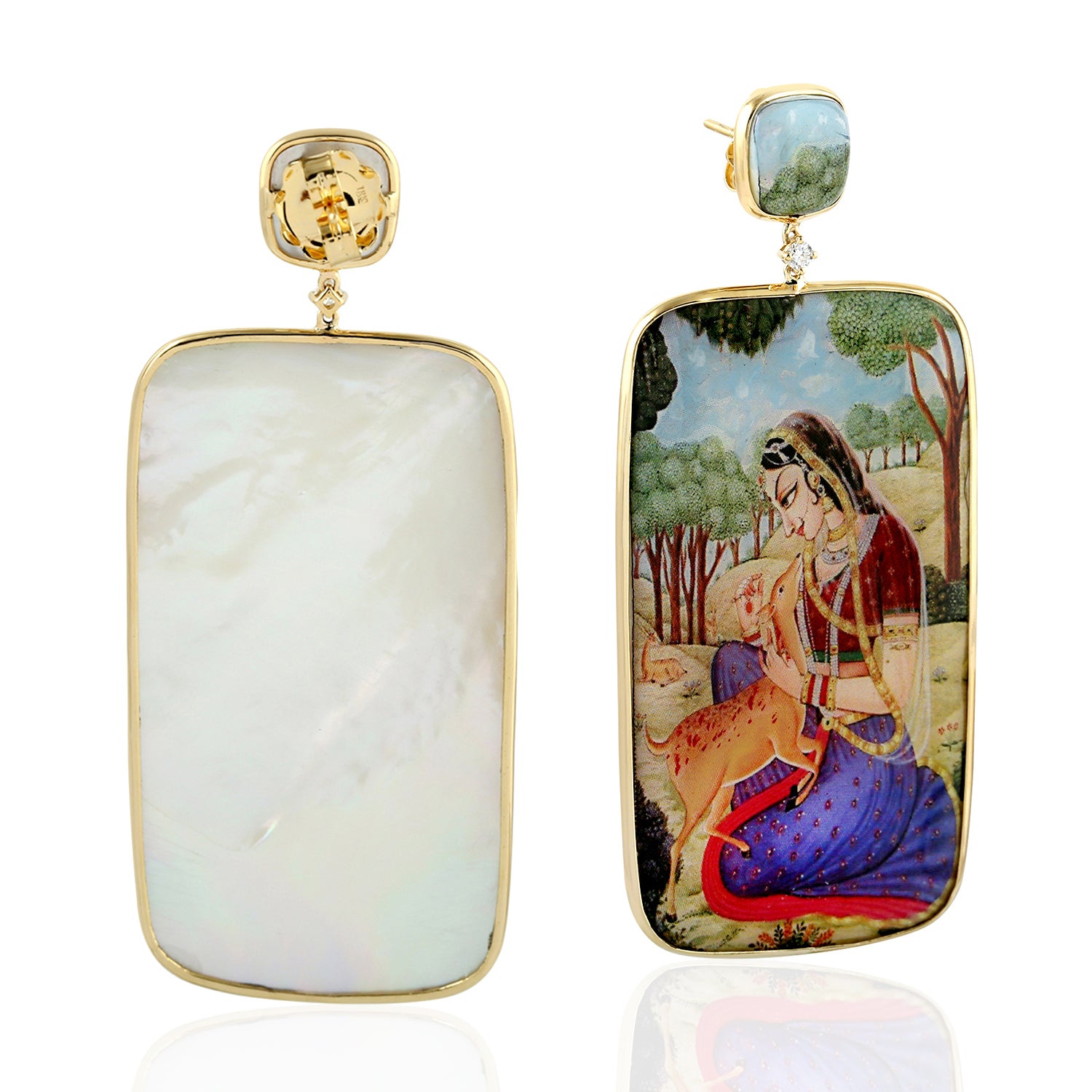 18K Yellow Gold Cushion Cut Mother of Pearl Diamond Dangle Earrings with Enamel Picture - Elegant Jewelry for Women, Perfect for Weddings, Parties & Special Occasions