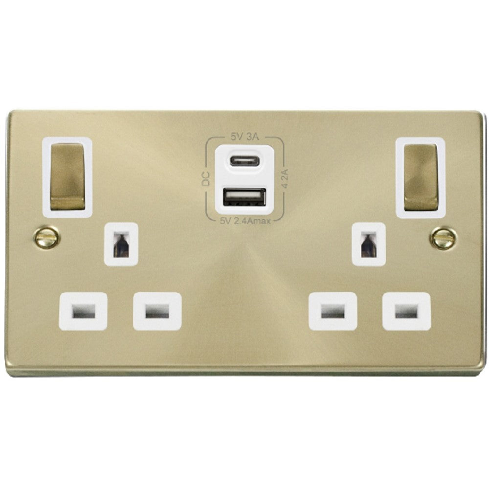 Click Deco Satin Brass 13A Double A+C USB Socket Outlet - VPSB586WH - Perfect for Bedroom, Office & Kitchen Charging Stations