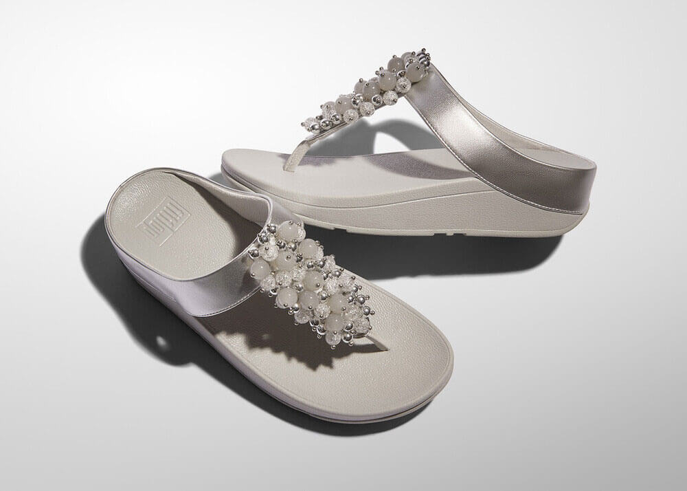 FitFlop Fino Bauble Bead Leather Sandals for Women - Silver | Comfortable & Stylish Flip Flops for Beach, Pool & Summer Outfits