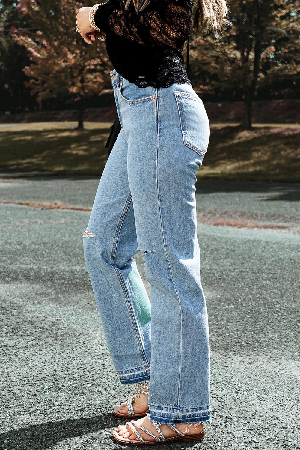 SELINK Women's High Waisted Distressed Straight Jeans with Slit Leg & Raw Edge - Casual Flare Denim Pants for Everyday Wear, Office, and Night Out