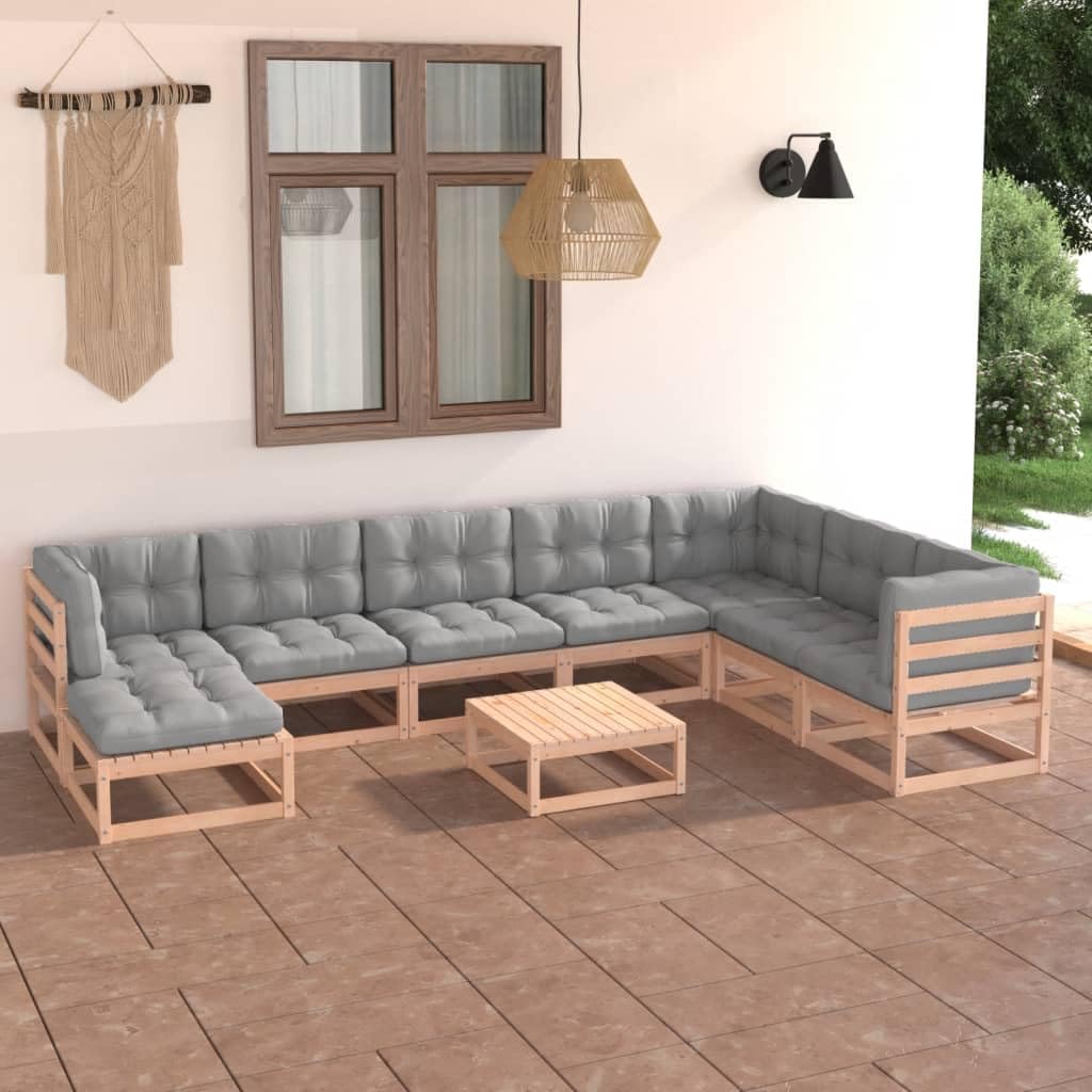 9-Piece Solid Pinewood Patio Lounge Set with Cushions - Modular Outdoor Furniture for Garden, Poolside & Backyard - Gray and Brown - Easy Assembly Required