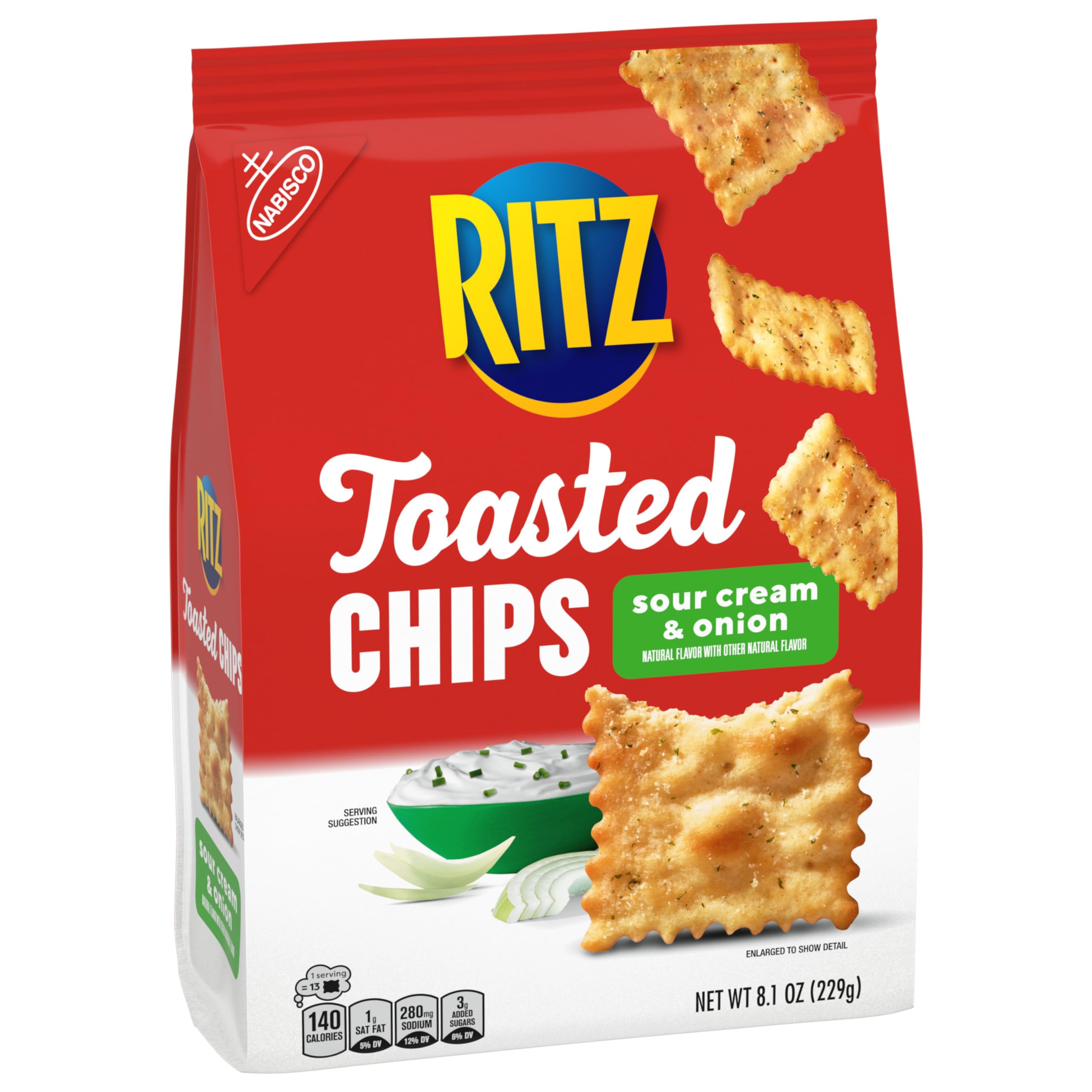 RITZ Toasted Chips Sour Cream and Onion Crackers - 6 Pack (8.1 oz Bags) | Bulk Party Snacks for Gatherings, Movie Nights & Office Break Rooms | Crunchy & Flavorful Baked Snack Chips