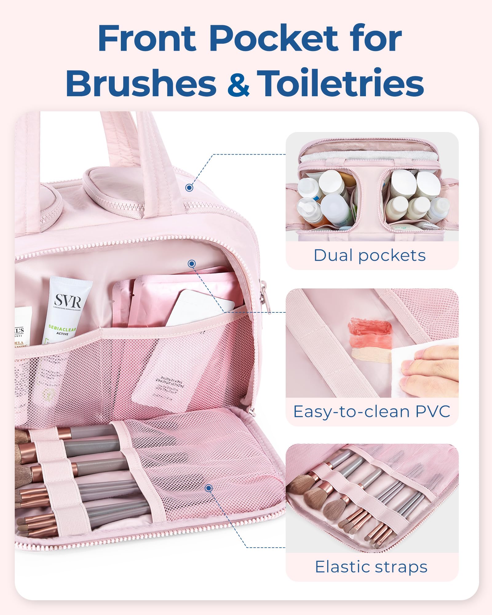 BAGSMART Travel Toiletry Bag for Women - Large Lightweight Cosmetic Organizer with Handle, Wide Open Design for Makeup, Accessories & Essentials (Pink) - Perfect for Air Travel, Gym & Weekend Getaways
