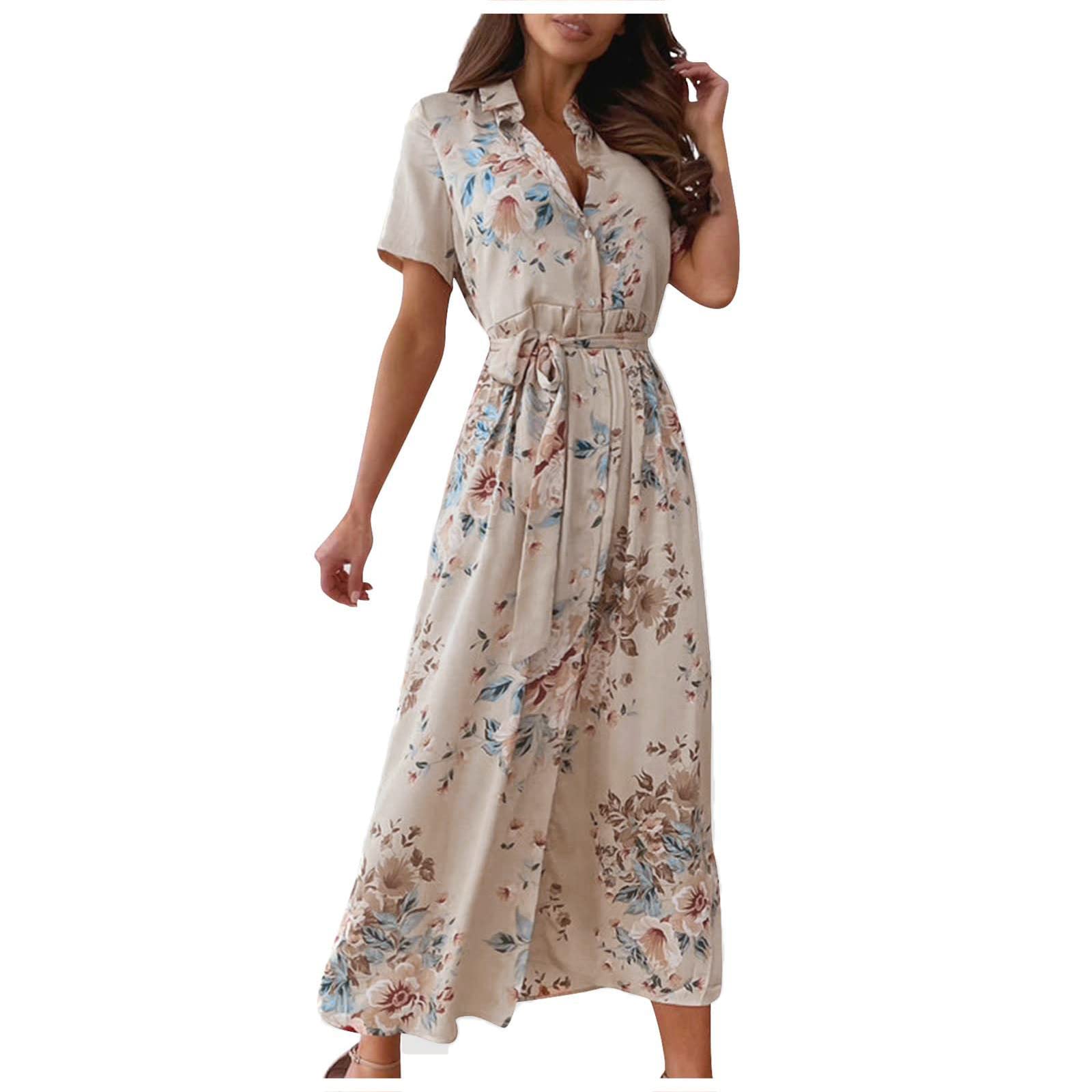Women's Floral Print V-Neck Short Sleeve Smocked Ruffle T-Shirt Dress - High Split Evening Party & Beach Wear for Summer Outfits