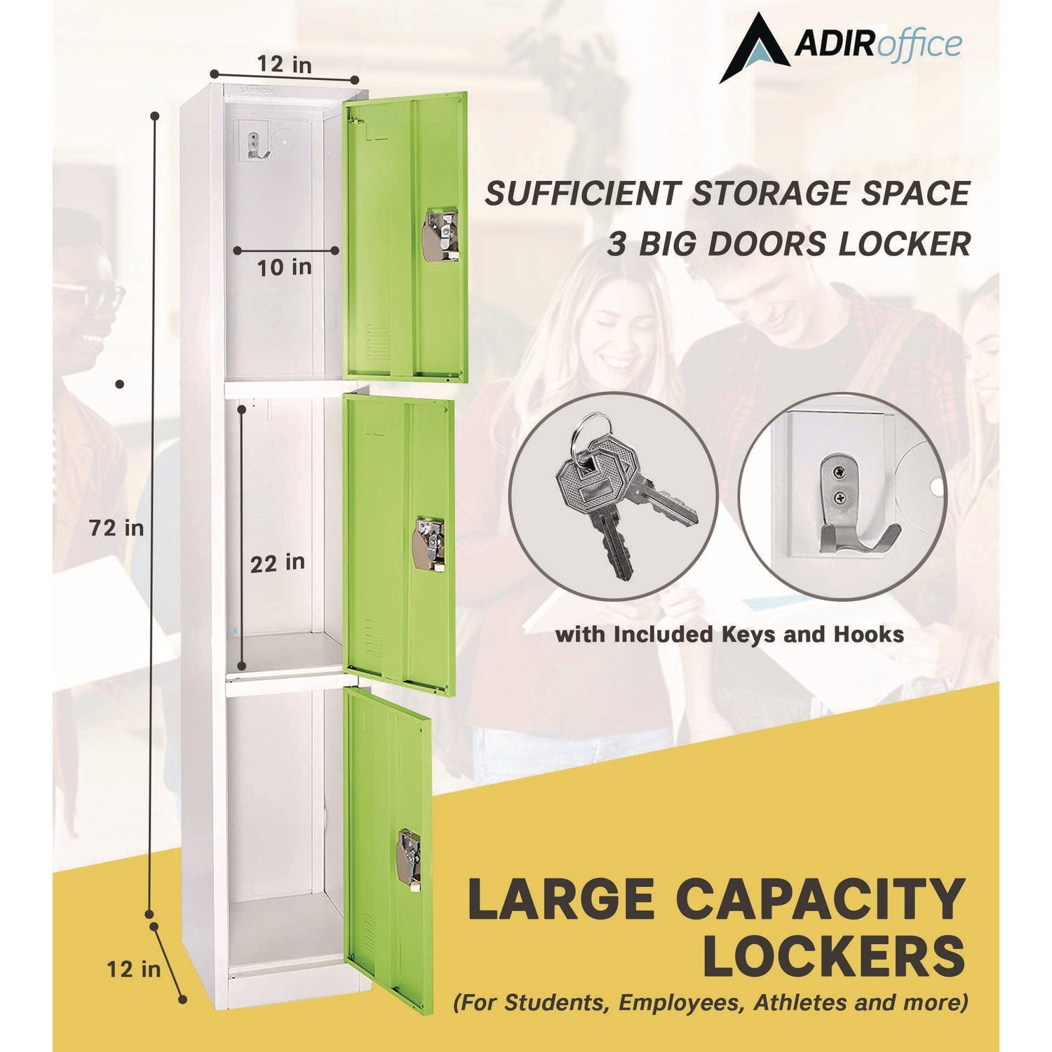 AdirOffice 3-Compartment Steel Storage Locker - 12