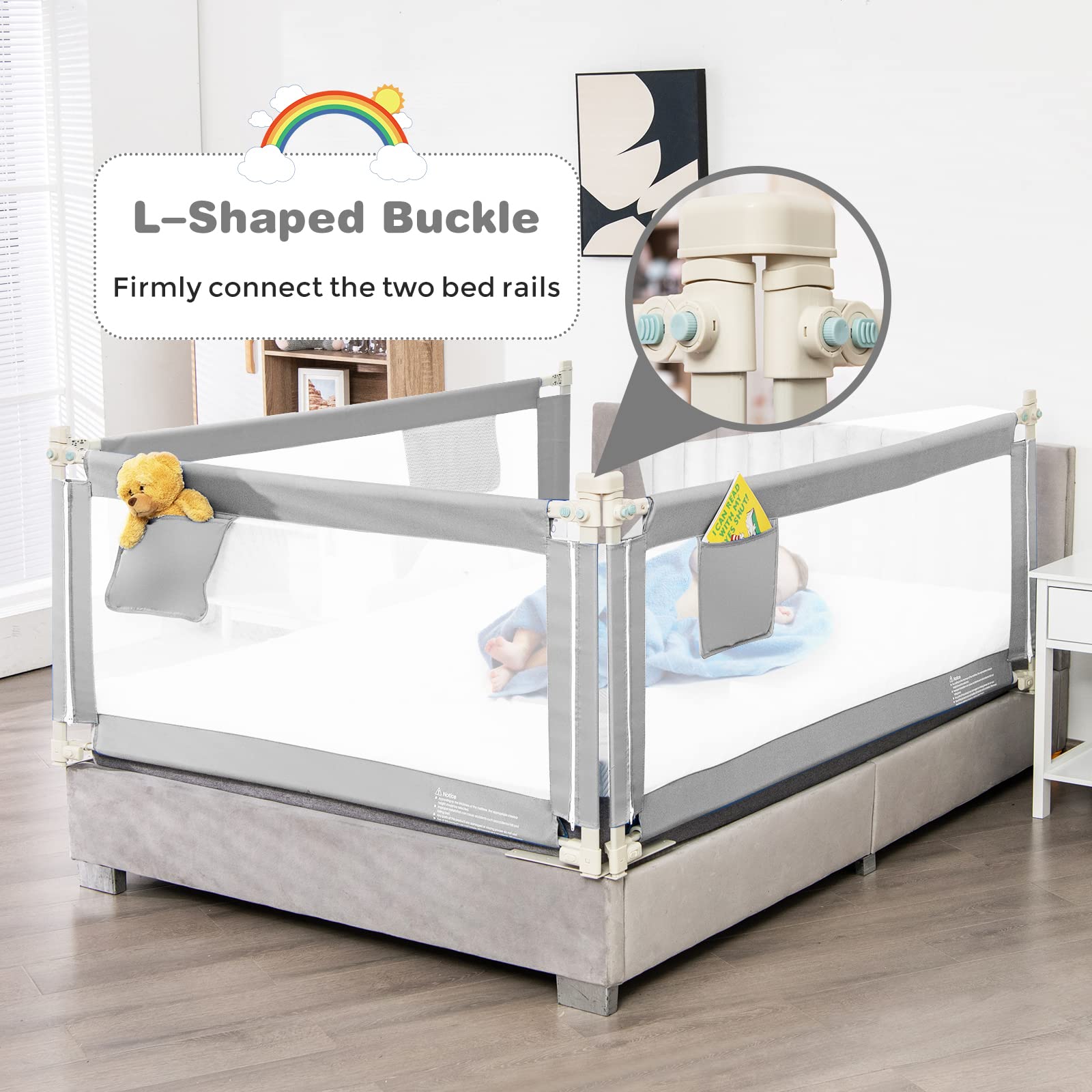 HONEY JOY 57-inch Extra Long Toddler Bed Rail - Portable Safety Guardrail with Side Pocket for Baby & Kids - Fits King, Queen, Full & Twin Size Mattresses (Gray) - Perfect for Travel, Home & Daycare Use