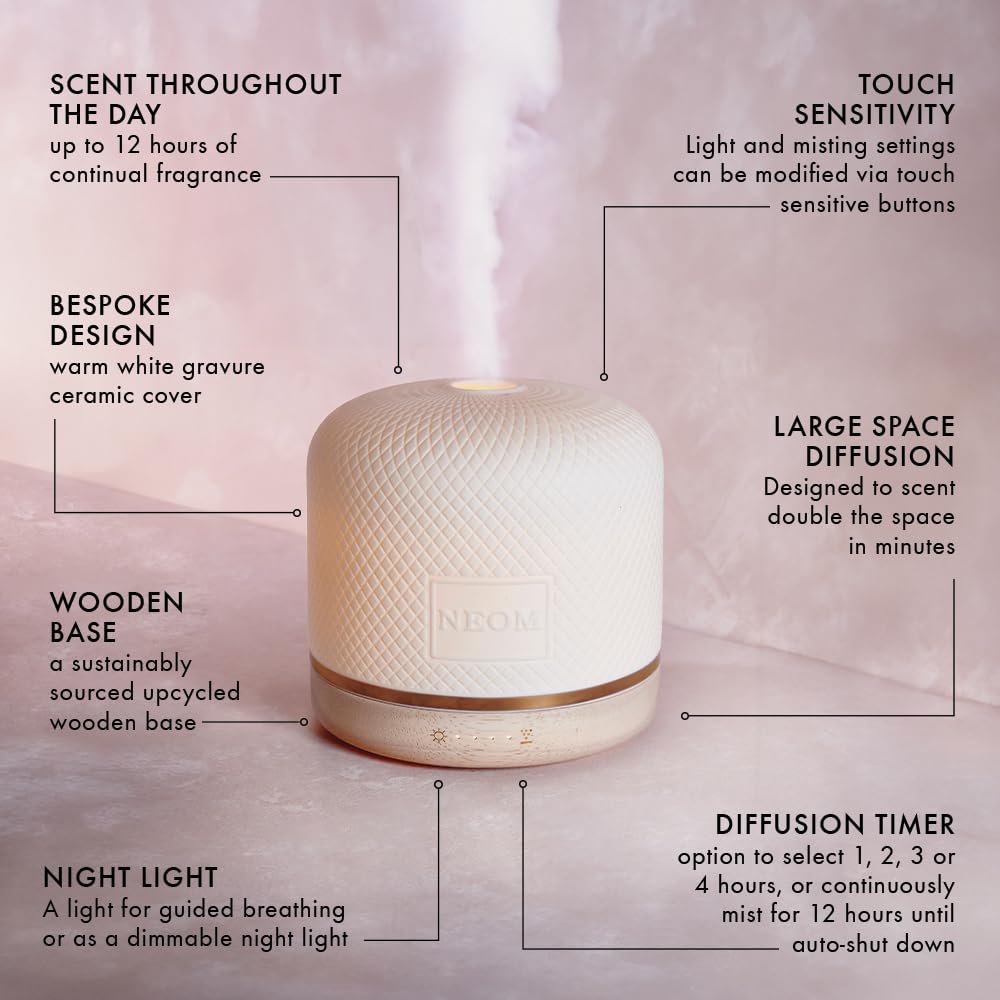 NEOM Wellbeing Pod Luxe - Premium Ultrasonic Essential Oil Diffuser with Ceramic Cover, Remote Control, LED Light & Timer | Aromatherapy Device for Home, Office, Yoga & Spa | Relaxing Home Fragrance Diffuser for Stress Relief & Better Sleep