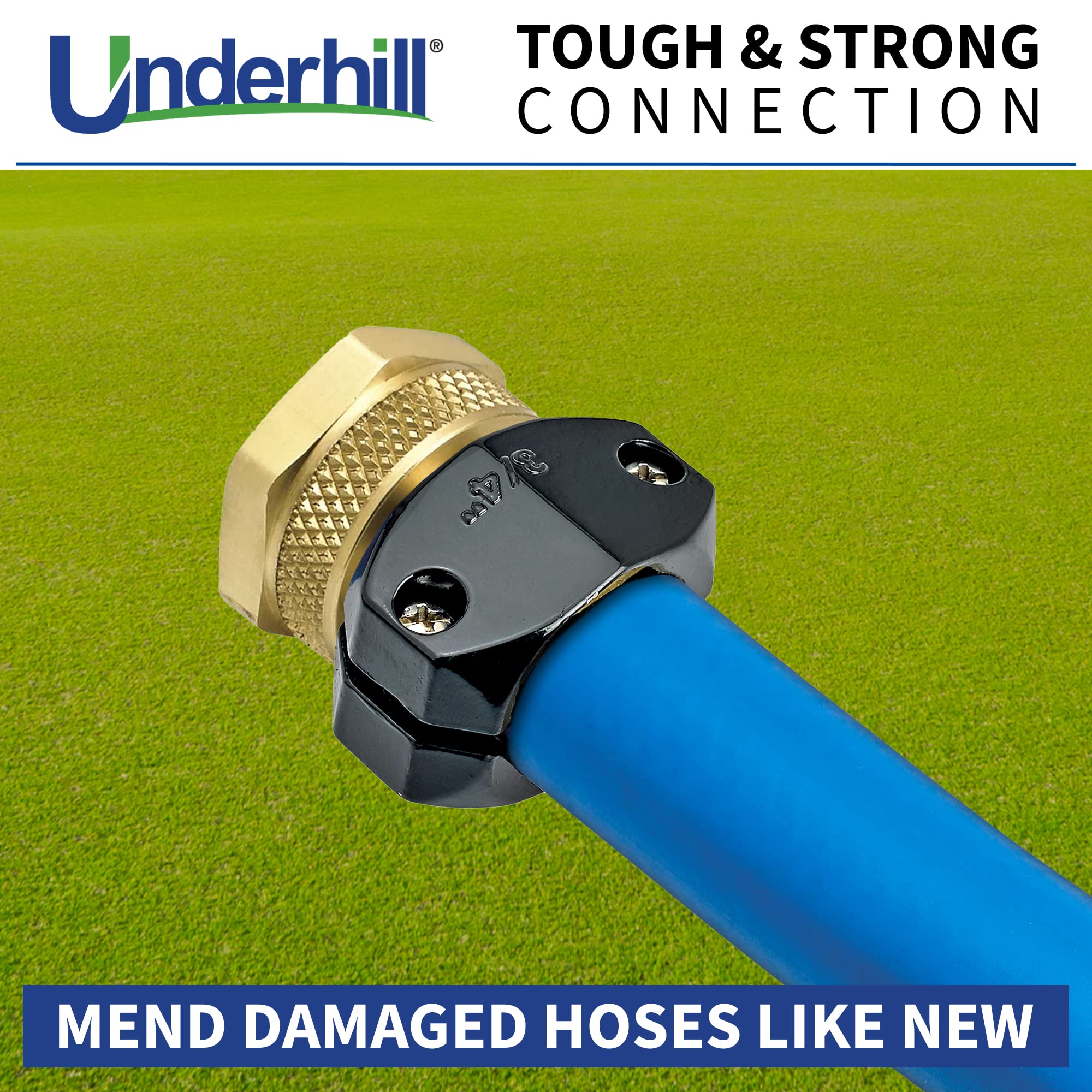 Underhill Garden Hose Repair Kit - 3/4 Inch Heavy-Duty Brass Clamp Connectors with Female Mender - Leak-proof Hose Menders for Lawn, Garden & Outdoor Watering Systems