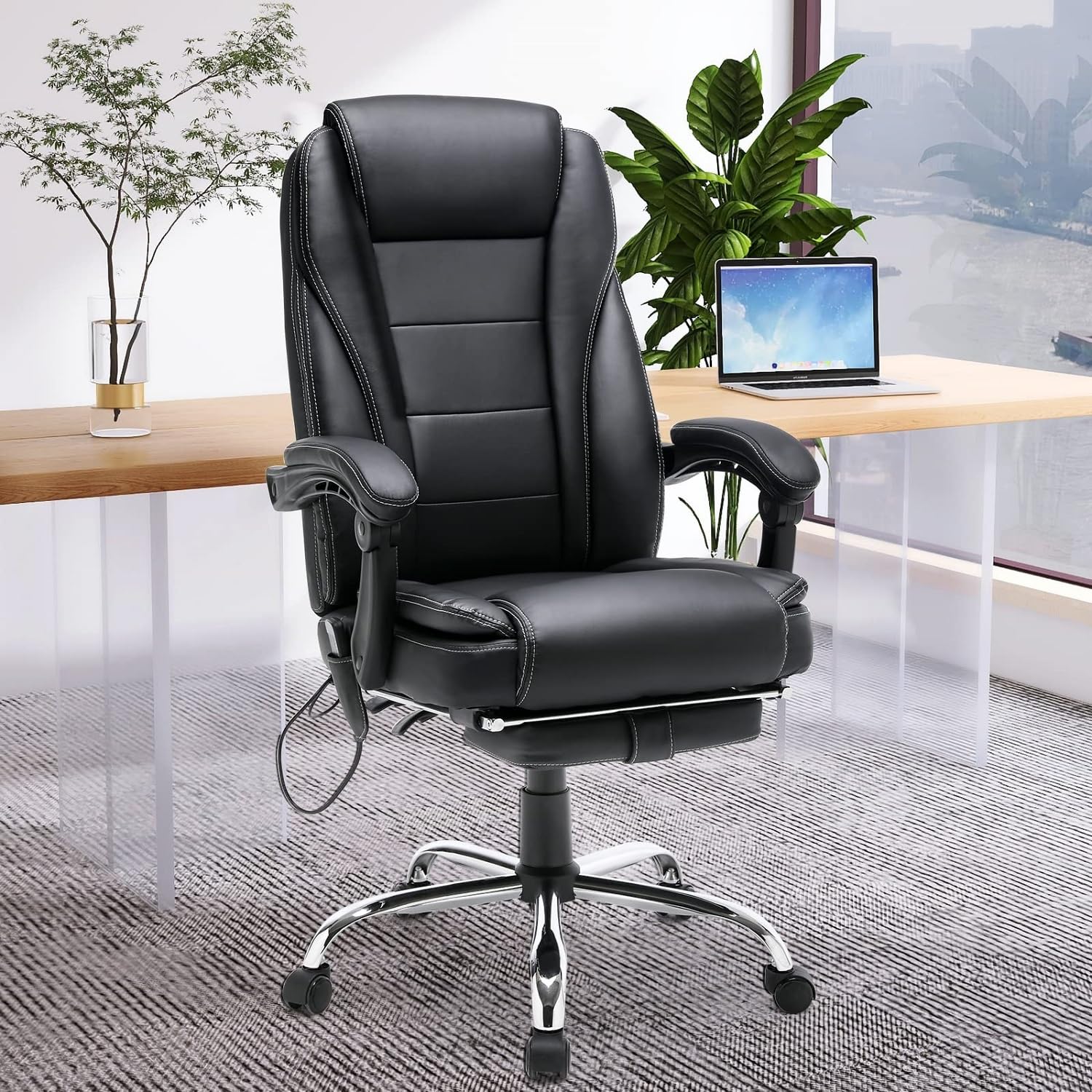 HOMREST 4-Point Massage Reclining Office Chair with Heating - Ergonomic Leather Executive Chair with Retractable Footrest - Adjustable Computer Desk Chair for Home Office, Study, Gaming & Relaxation (Black)