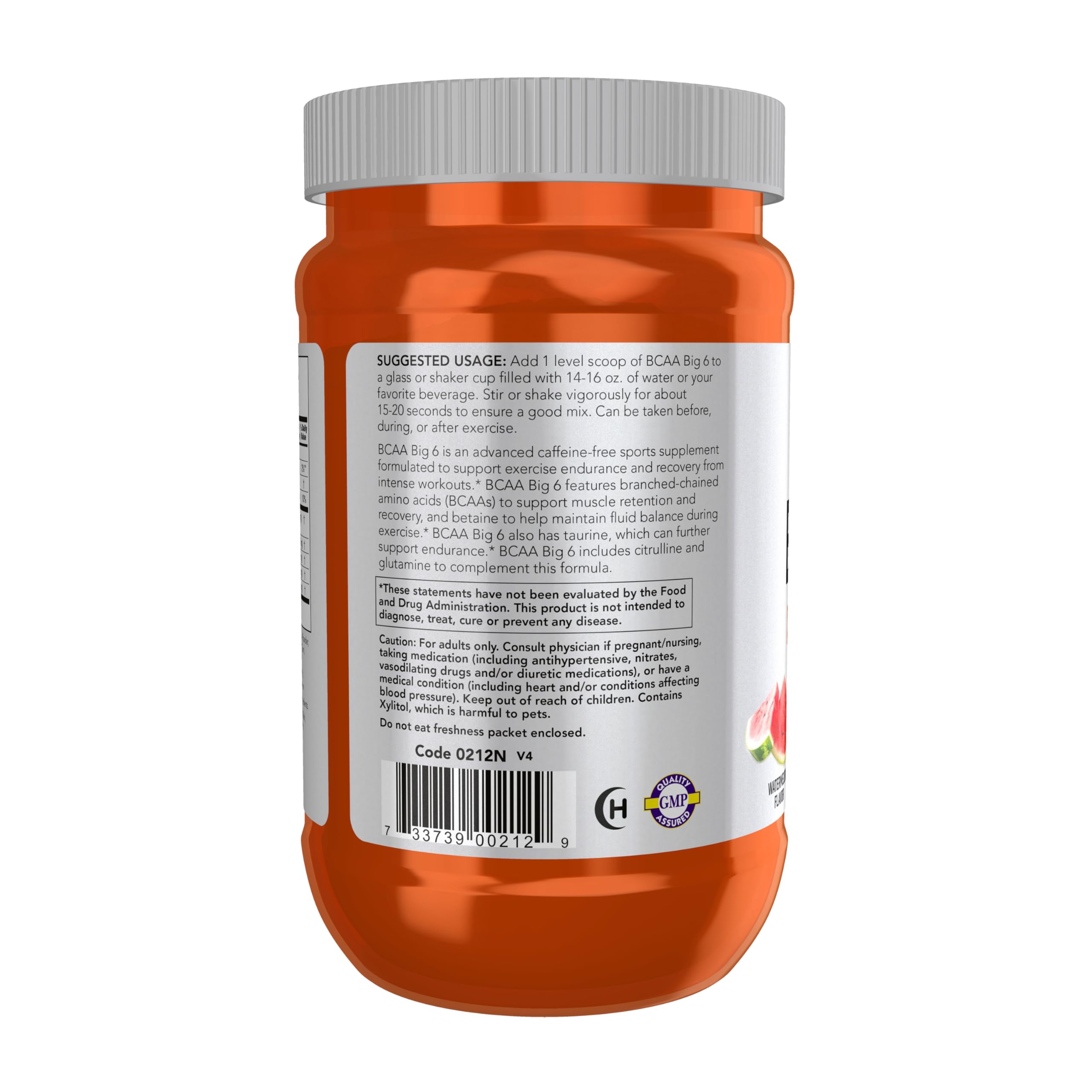 NOW Sports Nutrition BCAA Big 6 Branched Chain Amino Acids Powder - 600g Watermelon Flavor for Muscle Recovery & Endurance | Pre Workout & Post Workout Supplement for Athletes & Fitness Enthusiasts