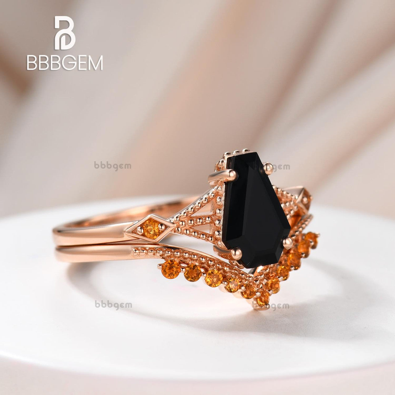 Him Black Spinel Coffin Wedding Ring Set with Yellow Citrine Milgrain Curve Band in Gold - Elegant Gothic Bridal Jewelry for Alternative Weddings & Dark Romance
