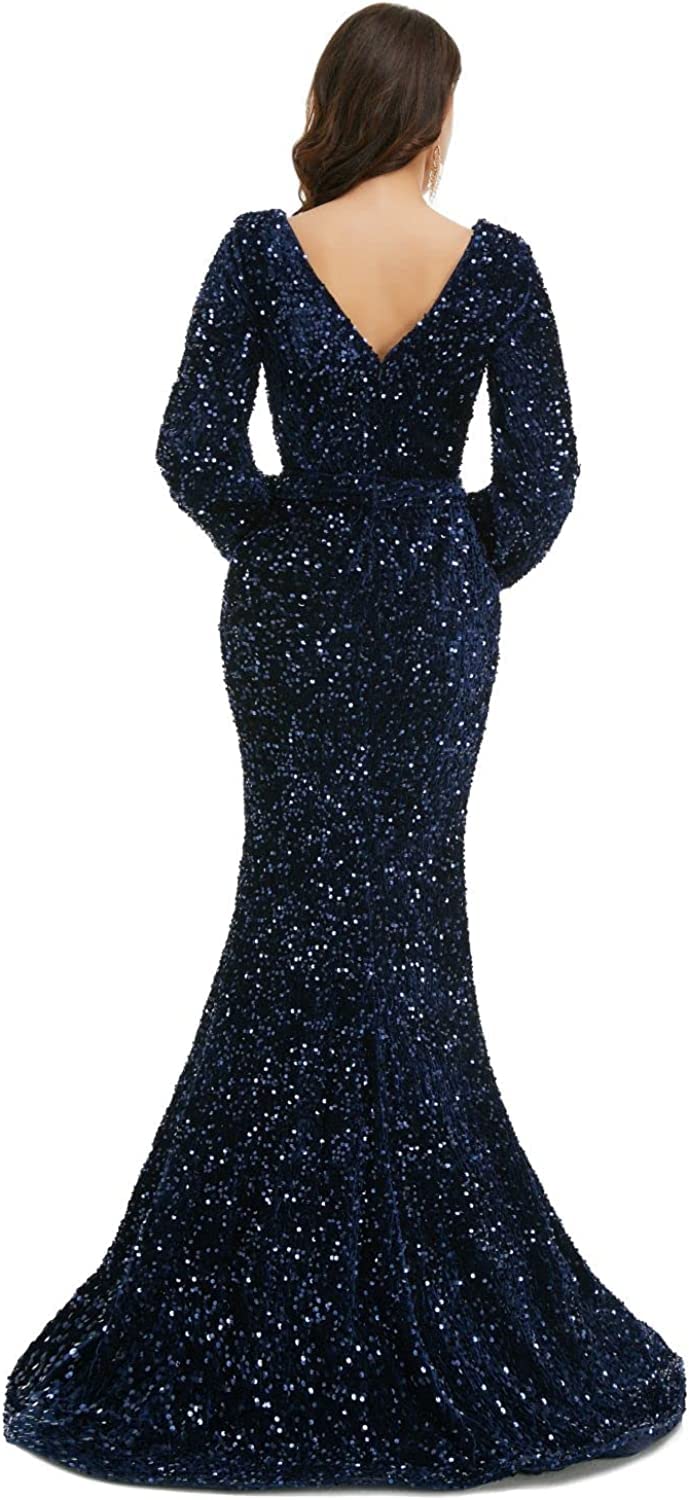 Elegant Women's V-Neck Sequin Long Sleeve Prom Dress with High Slit - Mermaid Cocktail Gown for Wedding, Evening Party & Special Occasions | Perfect for Homecoming, Gala & Formal Events