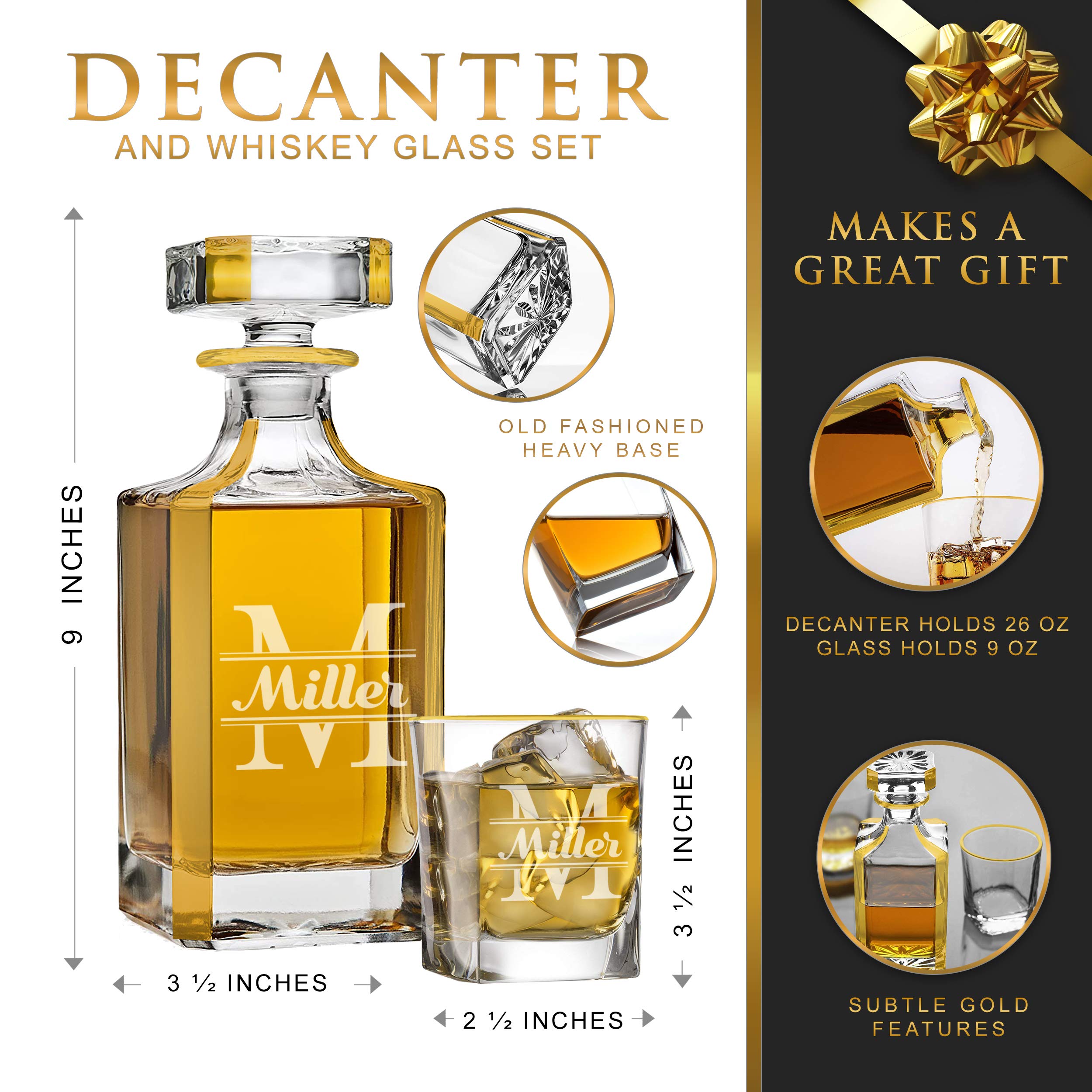 Personalized Whiskey Decanter Set with 2 Glasses - Custom Engraved Barware Gift with Gold Trim for Bourbon, Scotch & Liquor - Perfect for Weddings, Anniversaries & Home Entertaining
