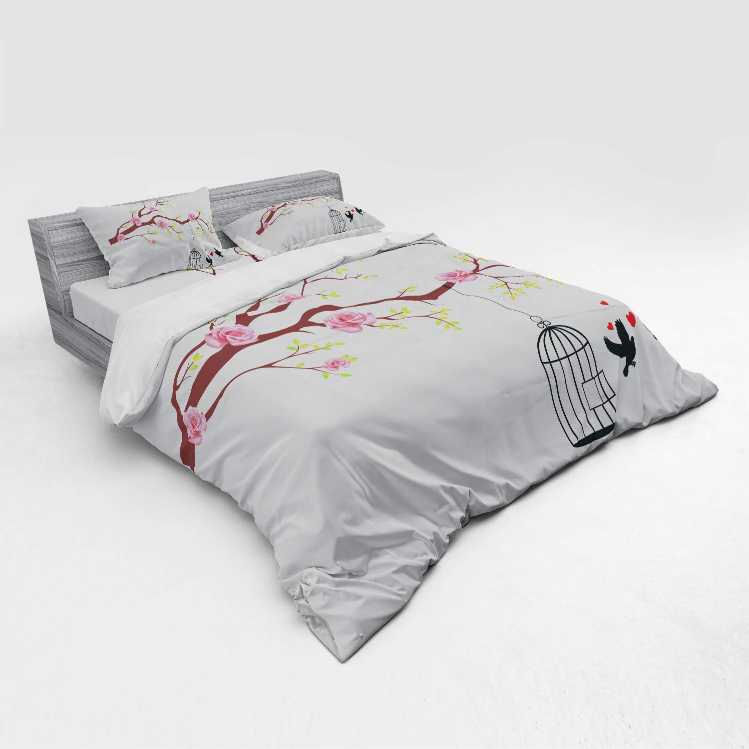 Ambesonne King Size 4-Piece Birds & Roses Duvet Cover Set with Shams & Fitted Sheet - Pink Brown White Romantic Floral Bedding for Couples | Perfect for Master Bedrooms, Guest Rooms & Romantic Getaways