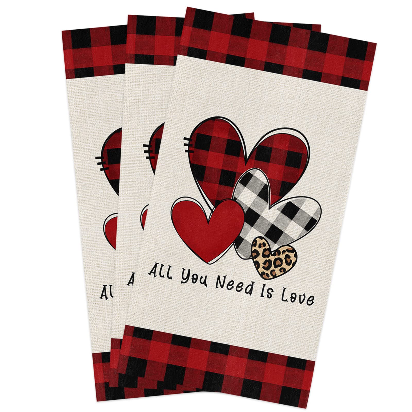 Premium Microfiber Kitchen Towels Set of 3 - Super Absorbent Reusable Dish Towels, Tea Towels & Bar Towels (18x28 Inch) - Valentine's Day Heart Red & Black Buffalo Plaid Design - Perfect for Kitchen Cleaning, Dish Drying & Home Decor